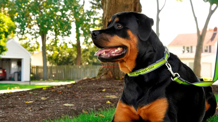 Rottweiler wearing a green and gray personalized collar and leash.