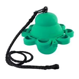 A green rubber clover‑shaped ball displayed against a white background. The ball has a rounded central body with multiple petal‑like lobes extending outward evenly around the circumference. A black braided rope is threaded through the top opening and extends downward, ending in a knotted loop. The rubber surface appears smooth with a matte finish.