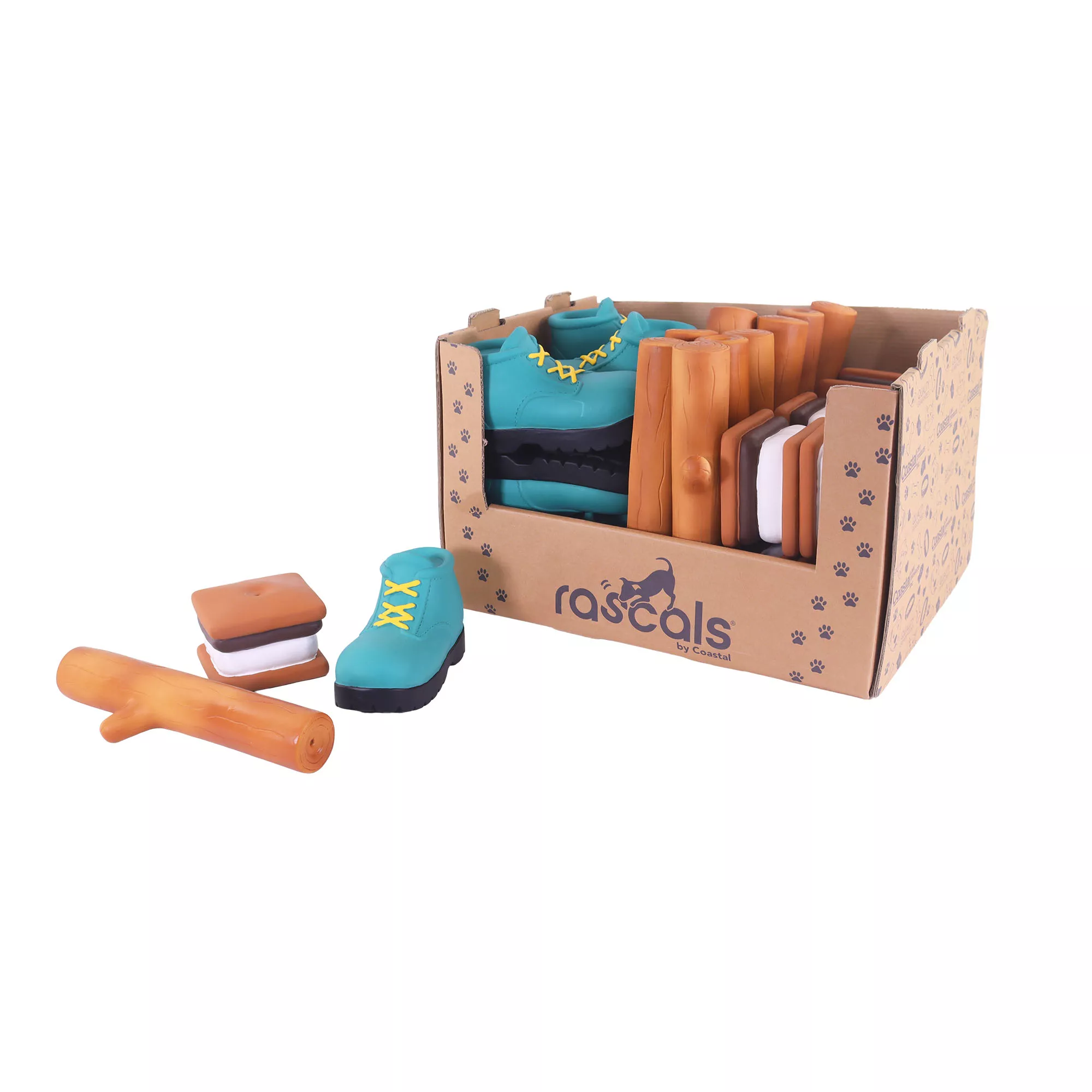 PDQ box filled with latex toys in the shape of sticks, s'mores, and boots. The box reads RASCALS on the front and features blue paw prints.