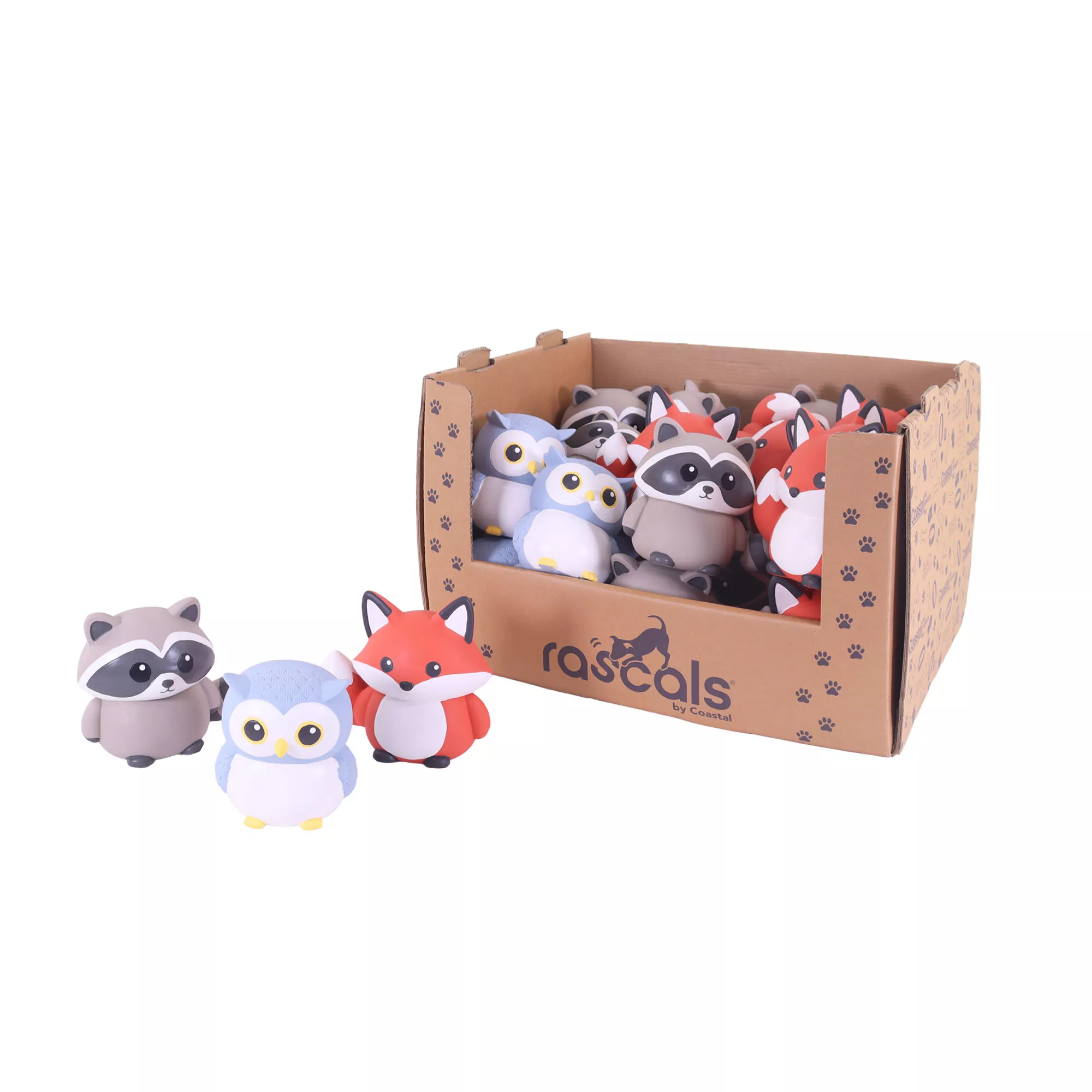 PDQ toy box featuring latex raccoons, owls, and foxes. The box reads RASCALS and features blue paw prints.