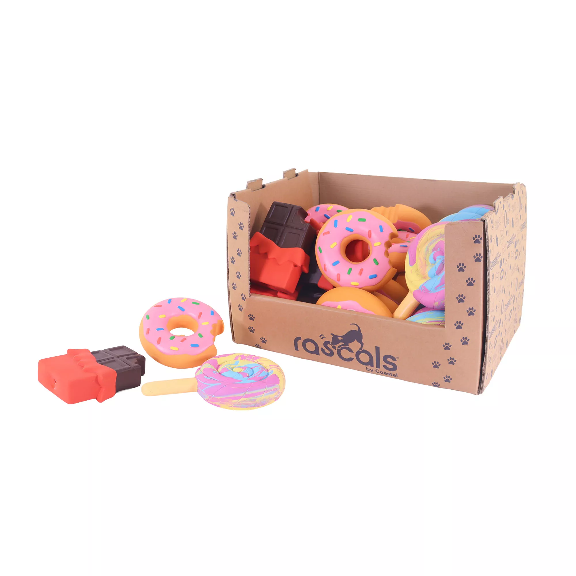 PDQ toy box filled with latex toys in the shapes of chocolate bars, donuts, and suckers. The box reads RASCALS and has blue paw prints.