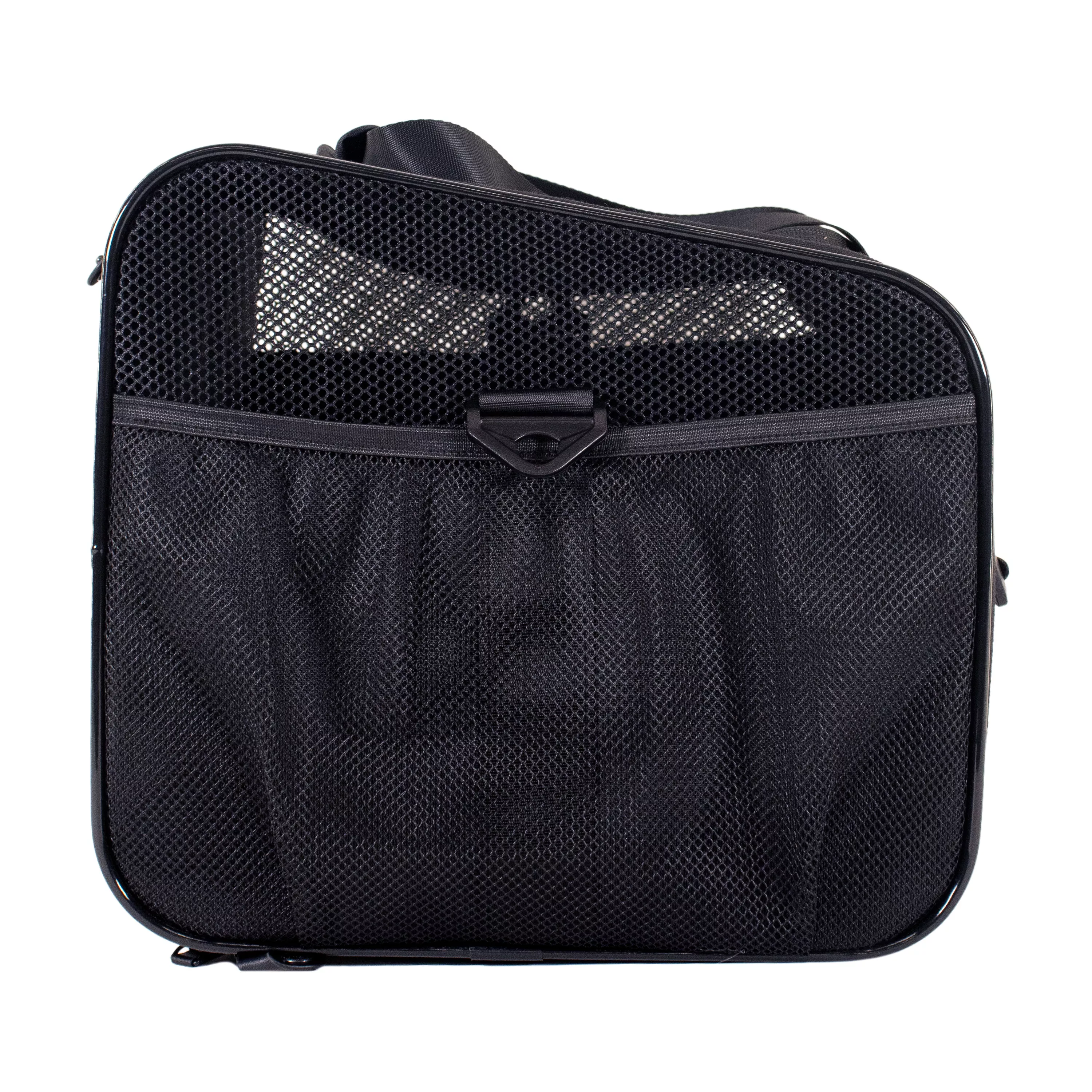 Angled front‑side view of the pet carrier showing the side panel, zipper pulls, and top handle.