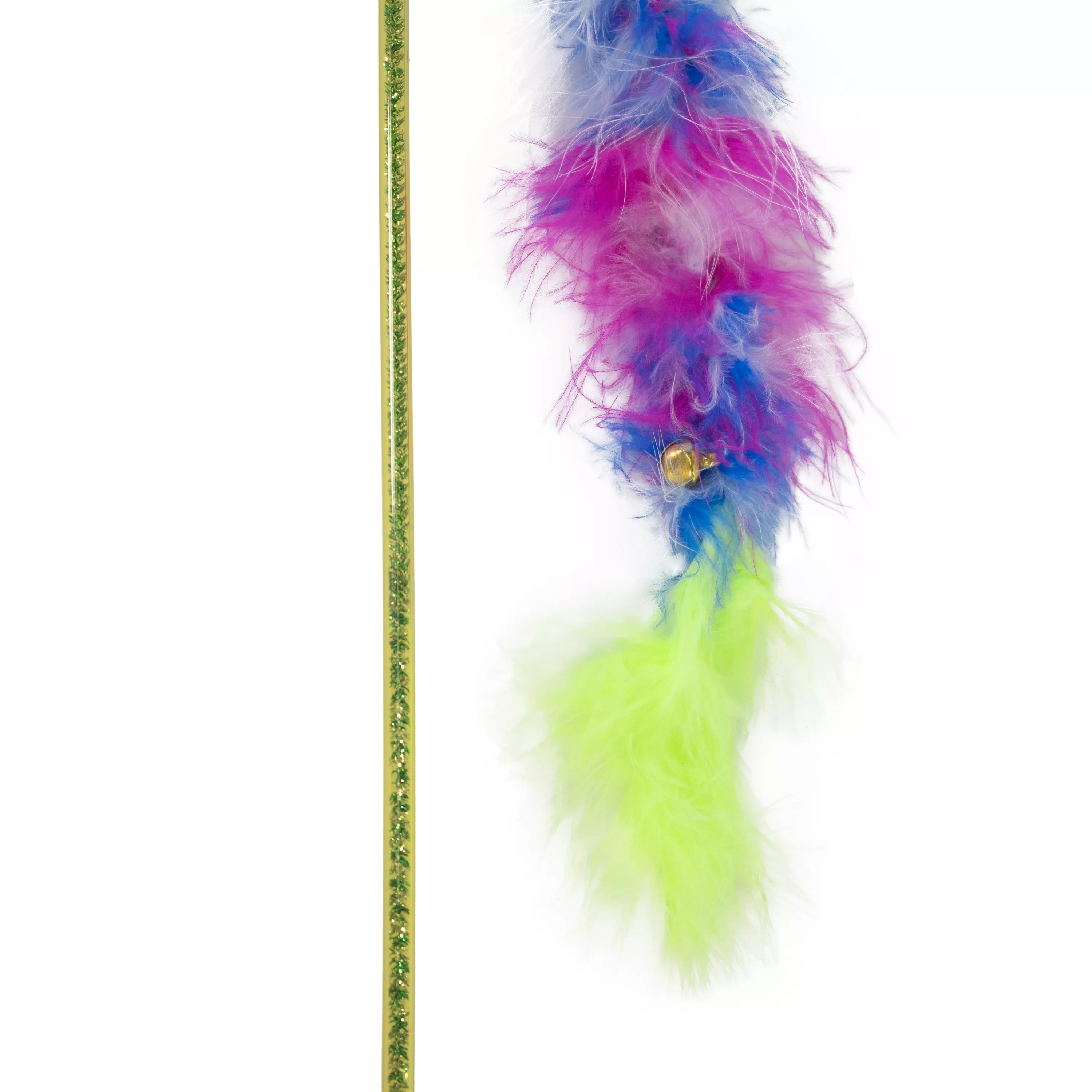 Vertical view of a cat teaser wand showing the stick and feather attachment.