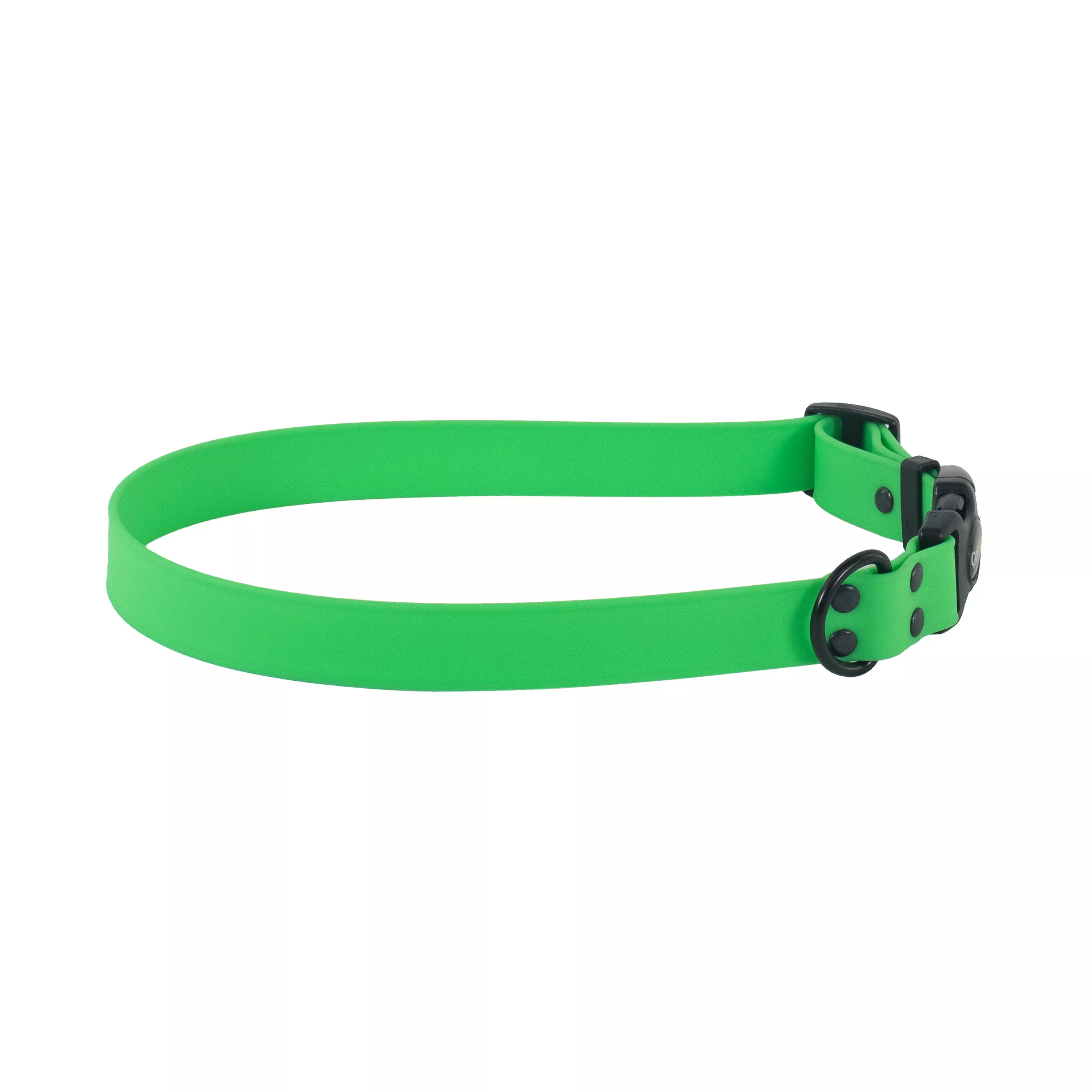 Bright green BioThane waterproof dog collar shown flat with a black plastic buckle and black metal rivets.