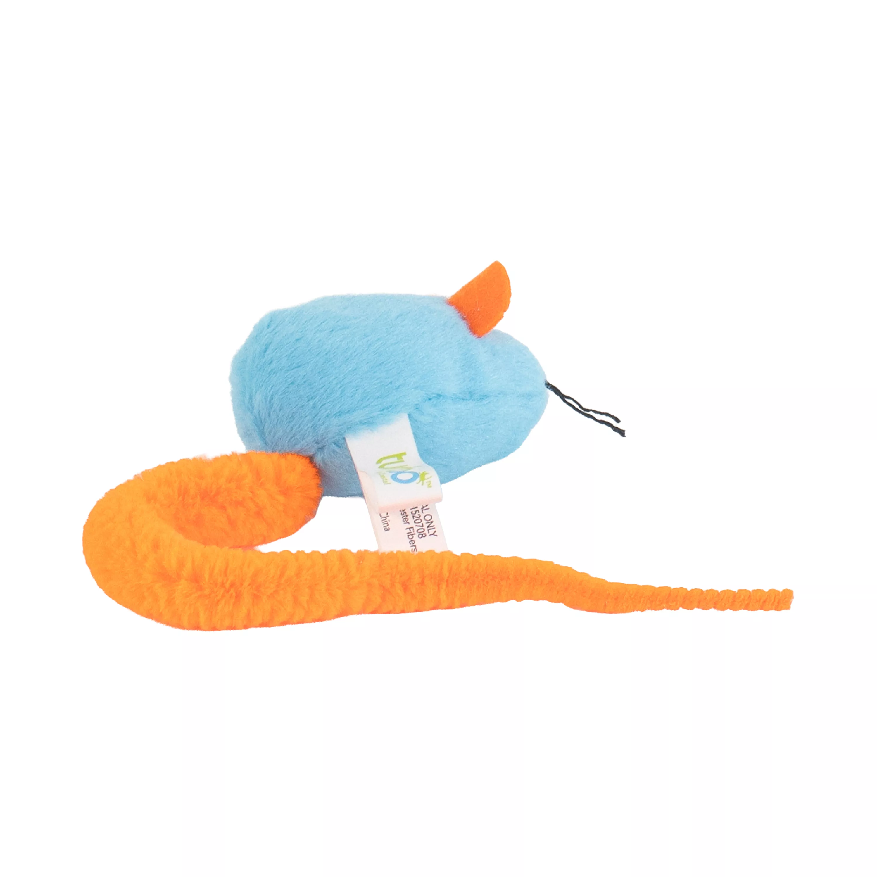 Blue plush mouse cat toy with an orange fabric tail and ears, black stitched whiskers, and a small fabric tag attached, shown isolated on a white background.