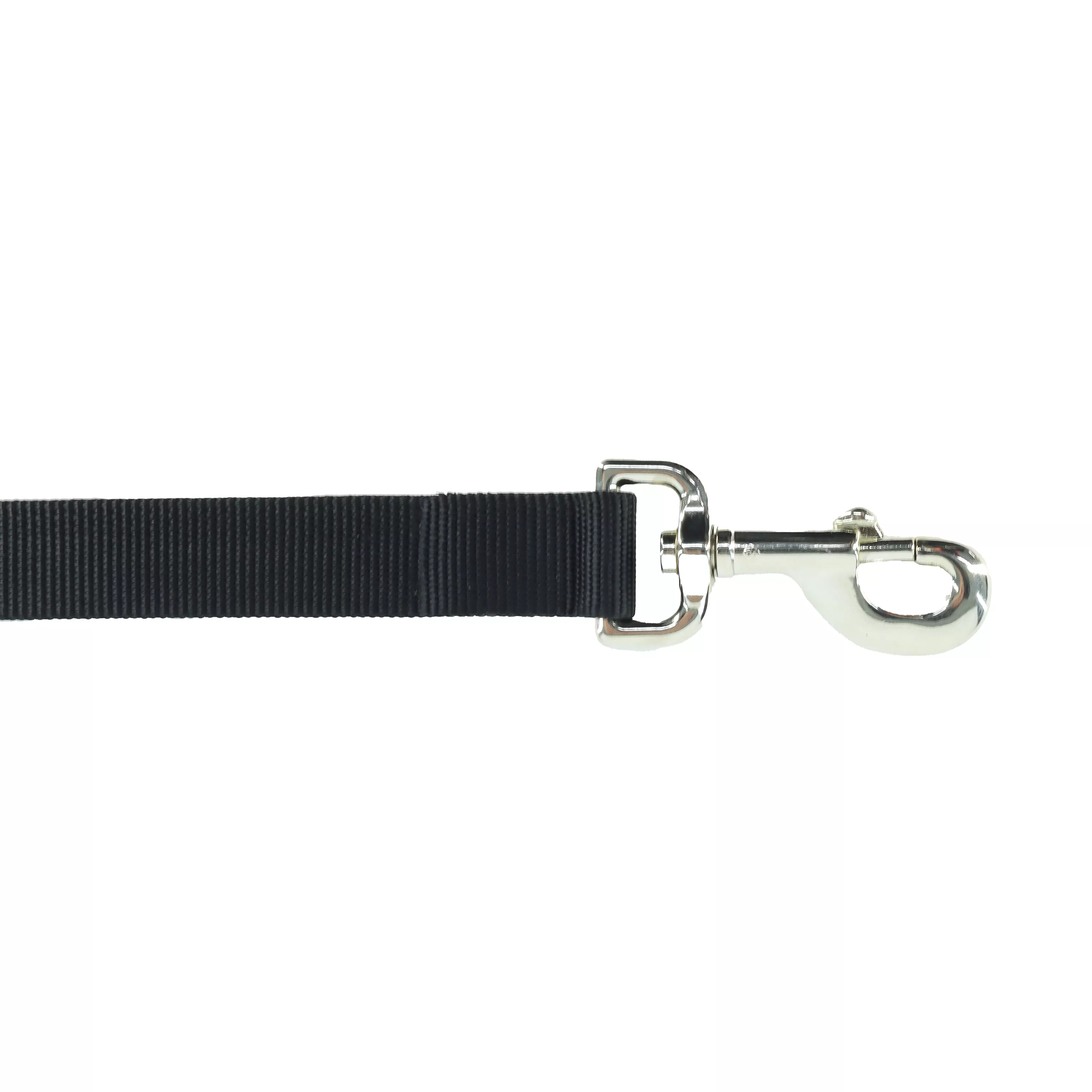 A product‑only image of a black single‑ply dog leash displayed against a white background. The leash is made of flat black woven nylon with a ribbed texture. One end has a looped handle, and the opposite end includes a silver‑tone metal swivel bolt‑snap clasp attached through a folded, stitched strap loop. The leash is extended in a straight line across the frame.