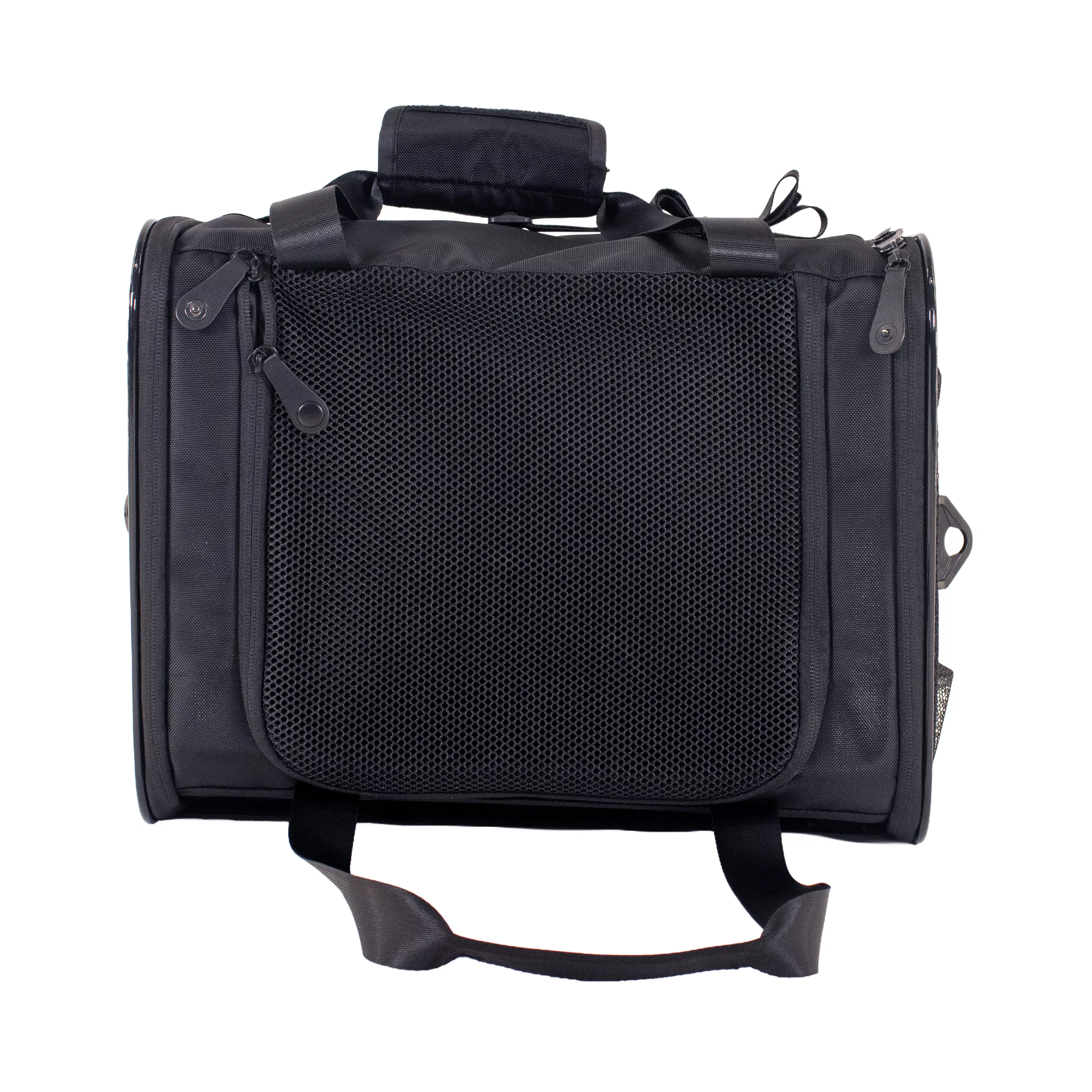 Top view of the pet carrier with the mesh front door closed and the top handle visible above.