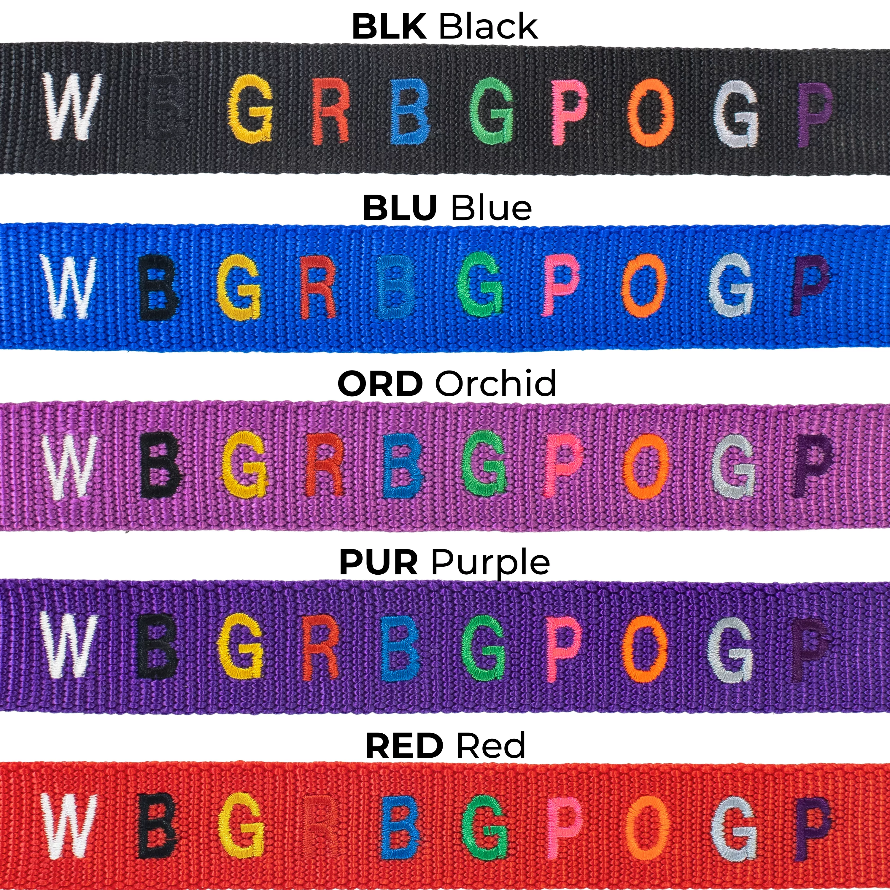 Swatch chart displaying five personalized collar color options with multicolor embroidered sample lettering. Colors shown are BLK Black, BLU Blue, ORD Orchid, PUR Purple, and RED Red. Each collar swatch features the same embroidery sample in white, black, yellow, red, blue, green, pink, orange, gray, and purple thread colors to demonstrate personalization appearance on each collar color.
