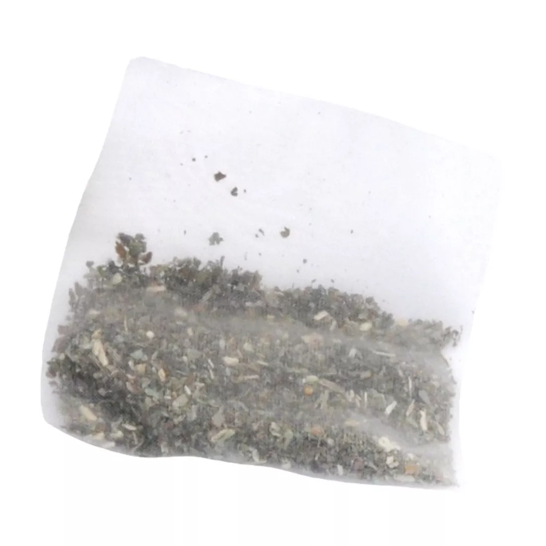 A clear plastic bag containing dried loose catnip is displayed against a white background. The catnip pieces appear greenish‑brown with visible leaf fragments and stems. The bag is partially filled, with the plant material resting at the bottom.