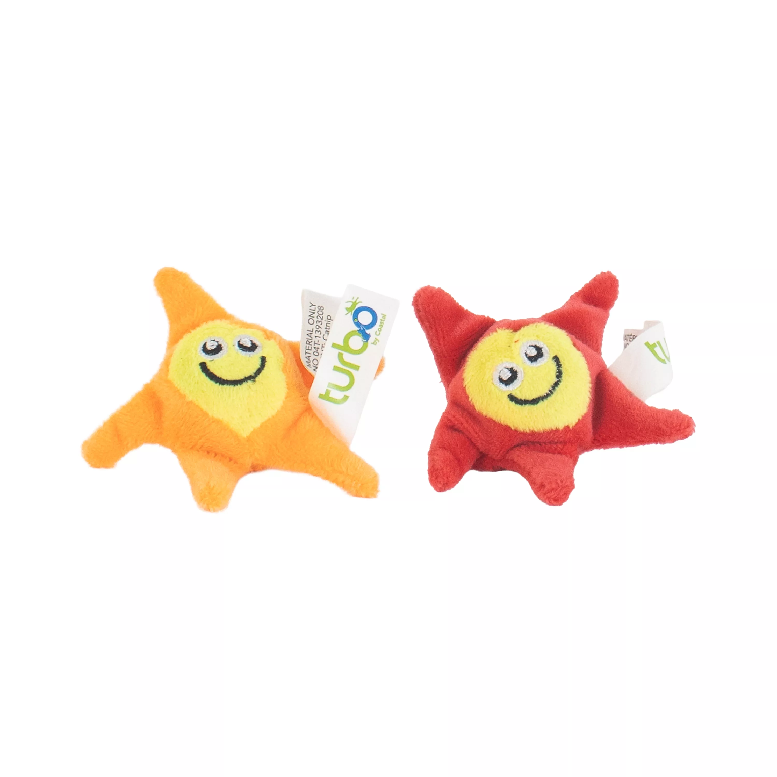 Two bouncy star‑shaped cat toys are displayed against a plain white background. Each toy has a plush fabric exterior and five rounded points. One star is orange with a yellow circular center, and the other is red with a yellow circular center. Both centers feature a printed smiling face with black eyes and a curved black mouth. The fabric surface appears soft and fuzzy, and the toys are positioned slightly angled toward each other.