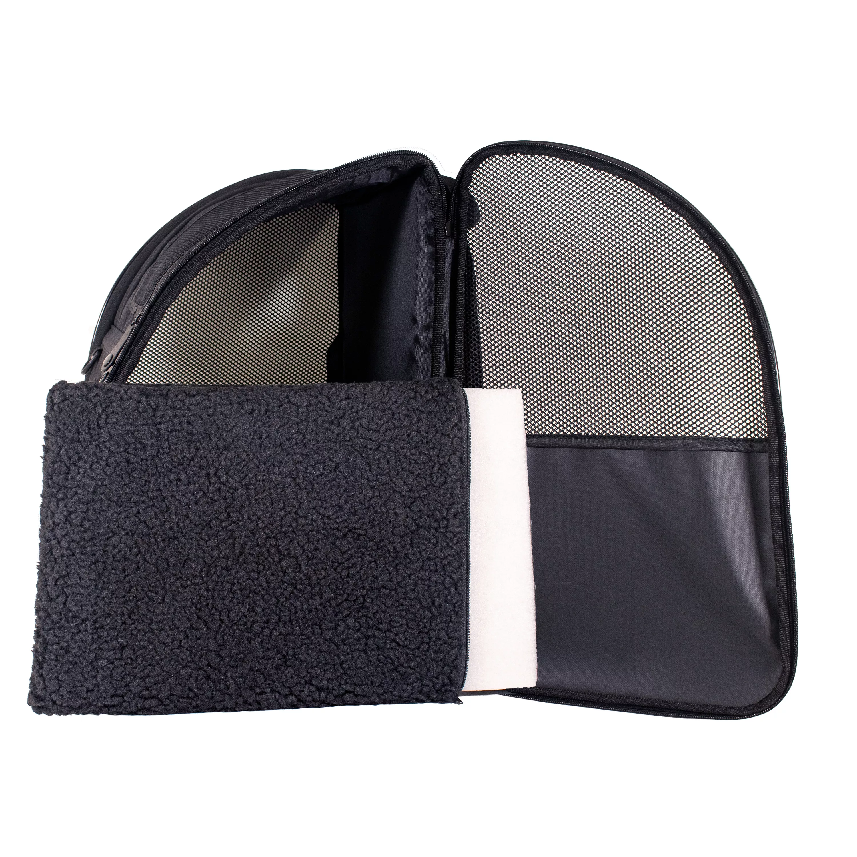Side view of the dome‑style pet carrier with the removable fleece pad pulled out and resting in front of the open doorway.