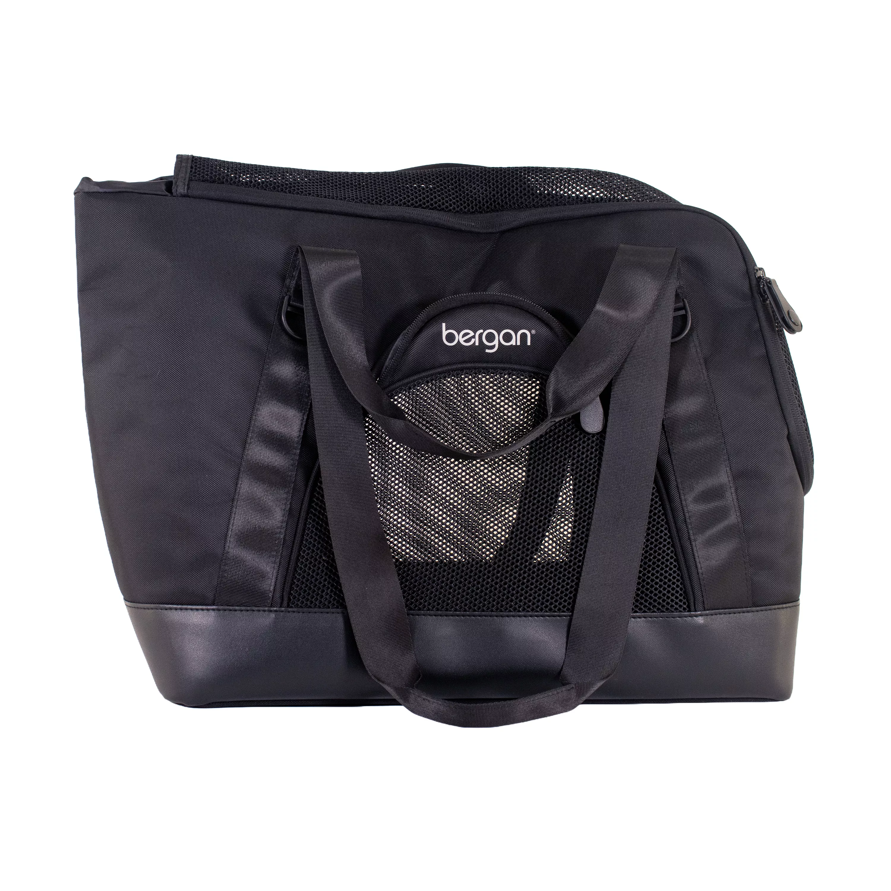 Angled front view of the tote carrier showing the PetConnect pocket, front mesh panel, and both shoulder straps hanging forward.