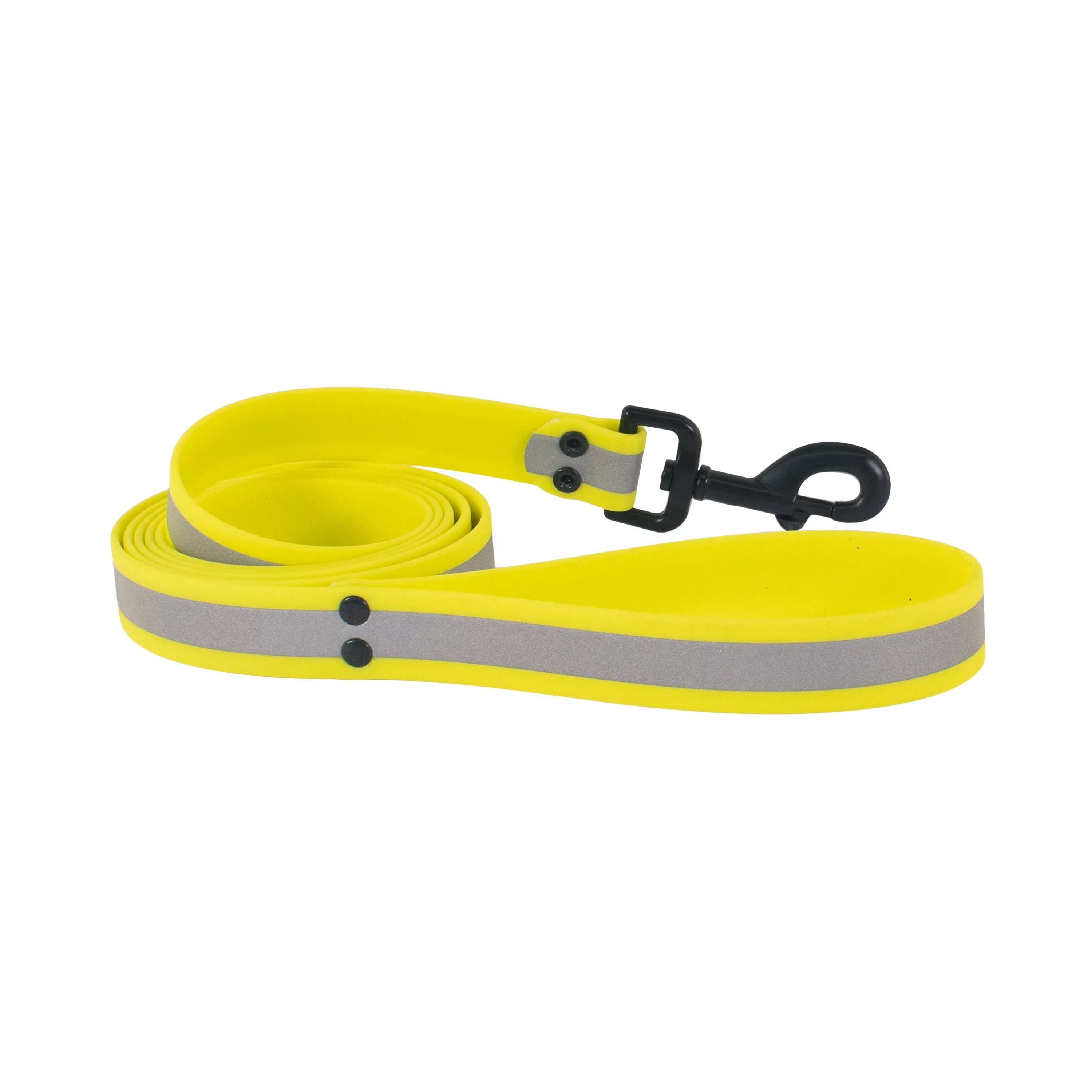 Yellow reflective BioThane waterproof leash loosely coiled with the black metal swivel snap resting on top.
