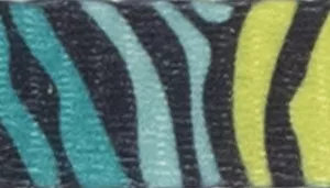 A swatch showing a close‑up of fabric with teal and lime green zebra‑style stripes outlined in black. The stripes curve diagonally across the surface.