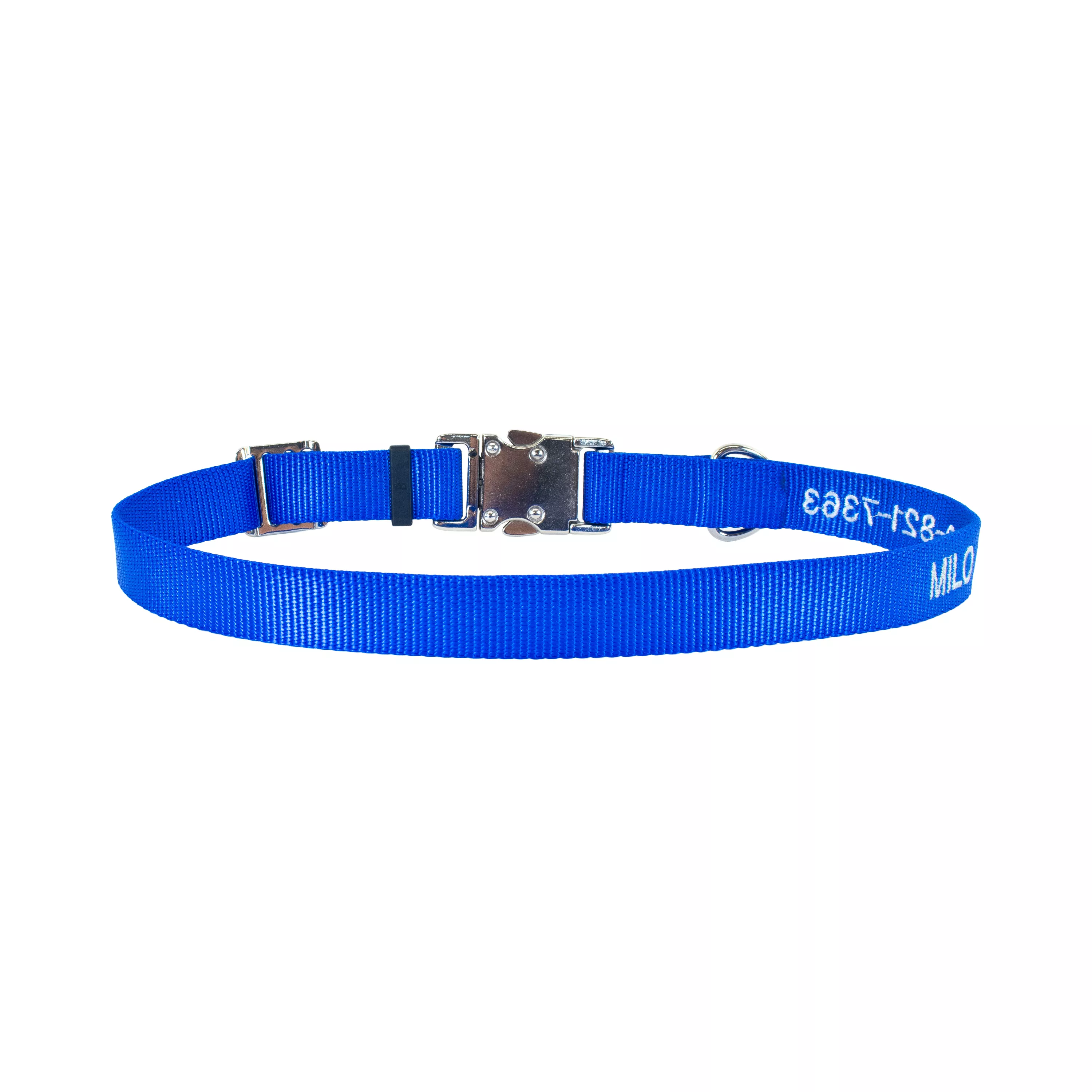 Blue nylon dog collar with gray embroidered personalization reading “MILO 330-821-7363,” featuring a metal D-ring and buckle.