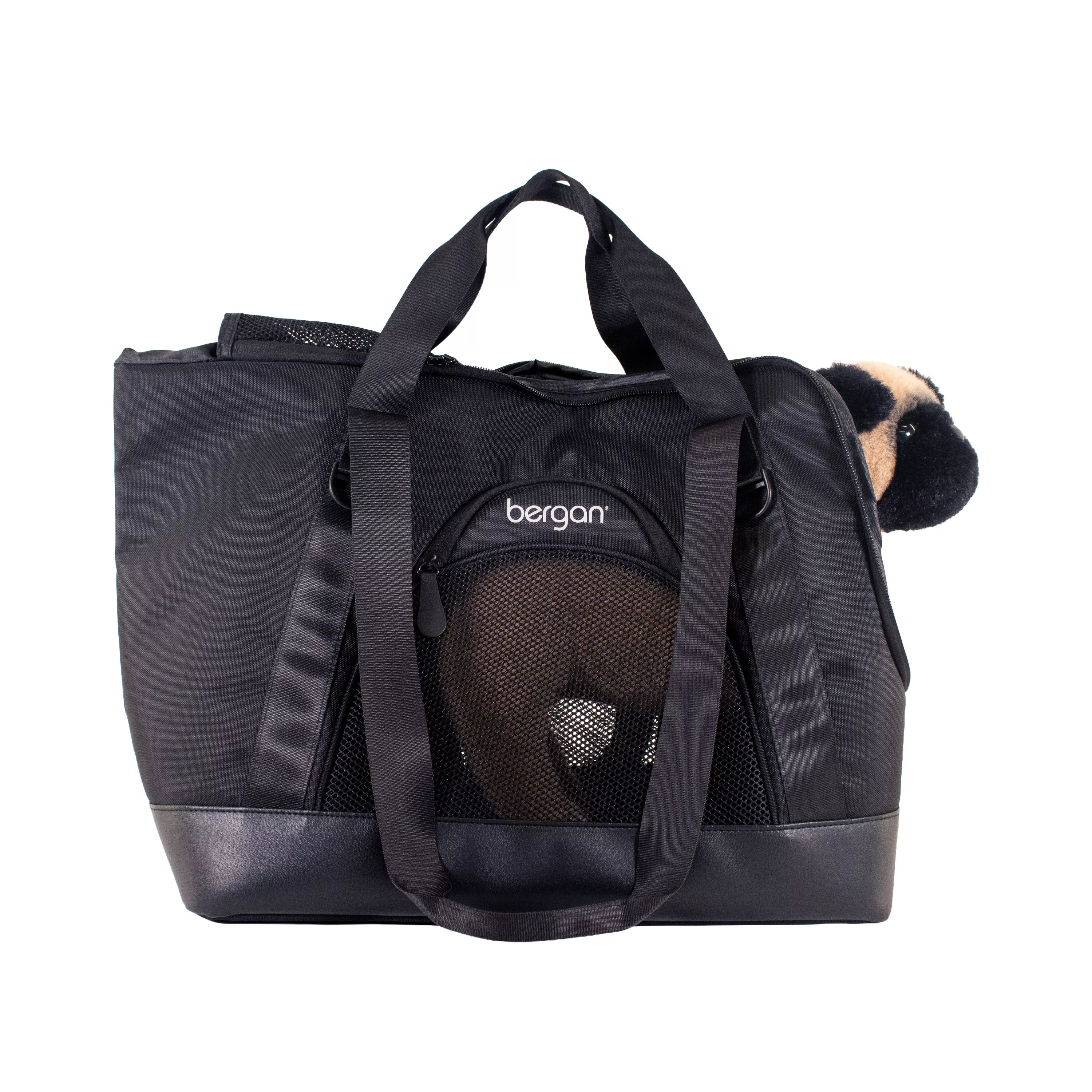 Front view of the tote carrier with the small dog inside, showing the PetConnect pocket, mesh front panel, and shoulder straps positioned forward.