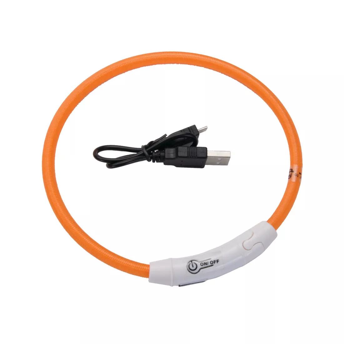 A product‑only image of an orange USB light‑up neck ring displayed against a white background. The ring is flexible and tubular with an orange outer surface and a white plastic housing at the joint containing a charging port. A black USB charging cable is shown beside the ring.