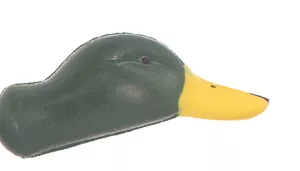 Green duck head with yellow bill and dark eye on white background.