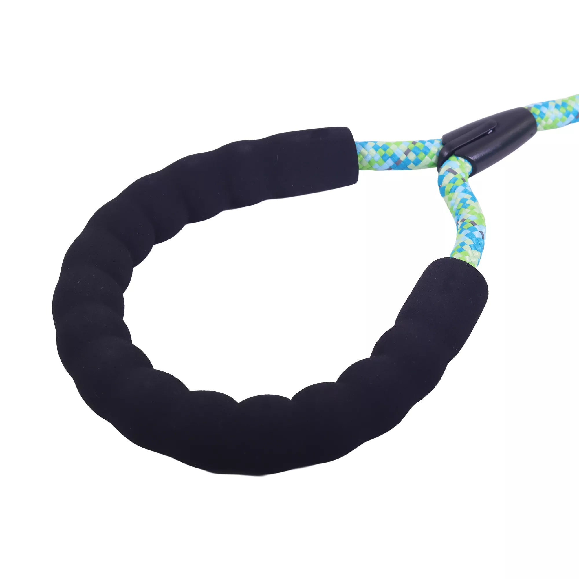 A closeup image of a leash that is made of solid dark rope with a thick, padded black loop handle. The rope appears round with a tightly braided construction.