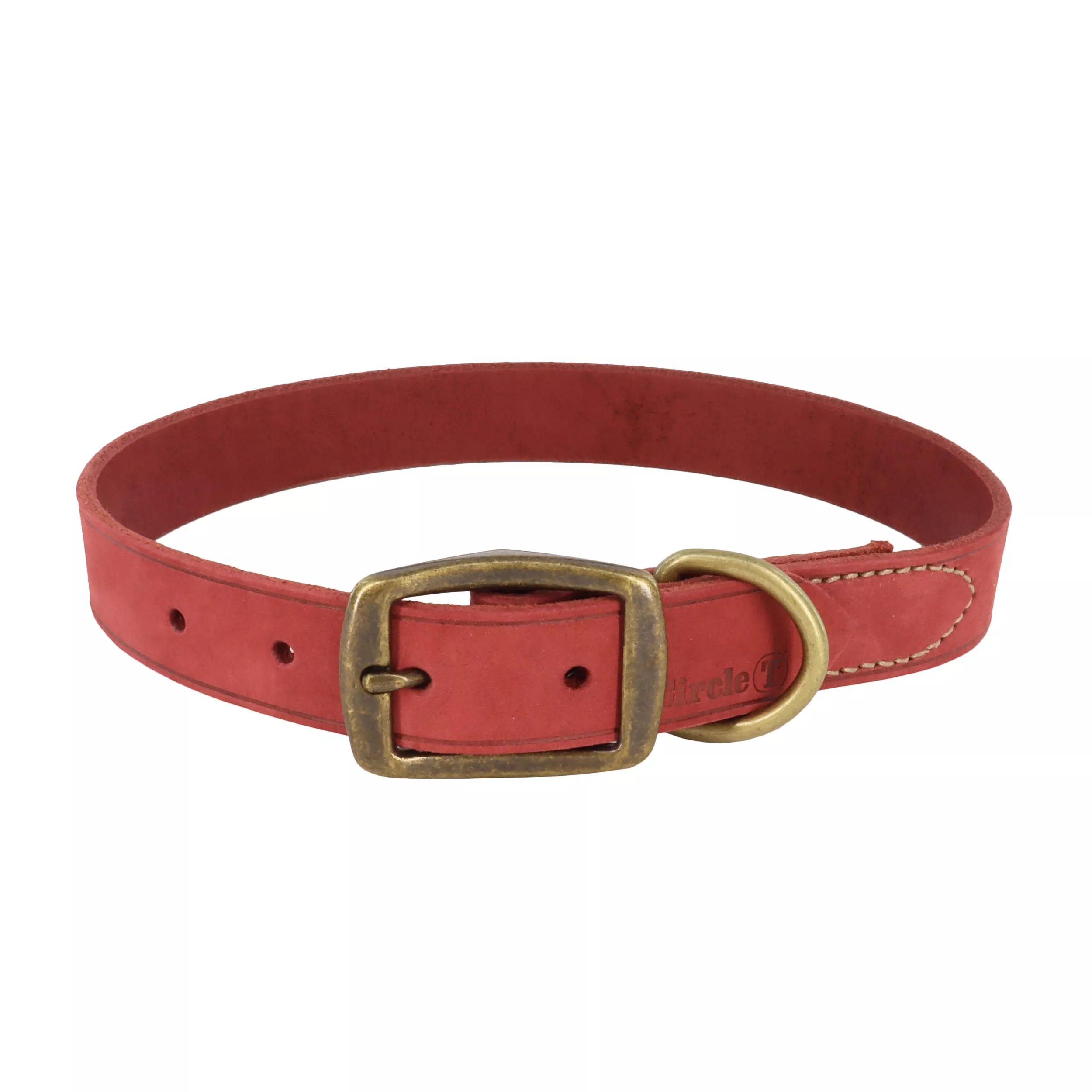 A product‑only image of the Circle T® Rustic Leather Town Dog Collar in Brick Red is shown against a white background. The collar is made from flat full‑grain rustic leather in a warm brick‑red color with visible natural grain. The reinforced buckle section features matching stitching, a brass‑colored buckle, and a brass‑colored D‑ring. The strap tapers into a pointed tip with multiple adjustment holes.