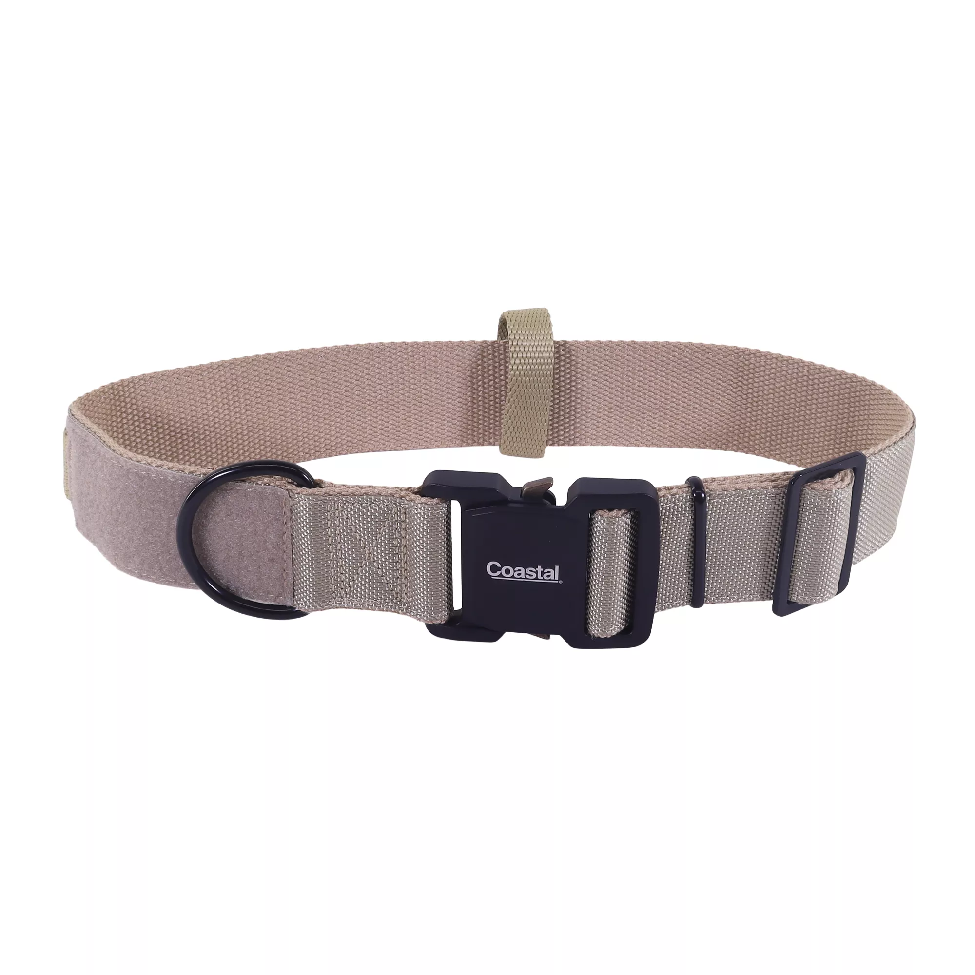 Beige dog collar shown in a circular shape with a metal buckle and metal D‑ring.