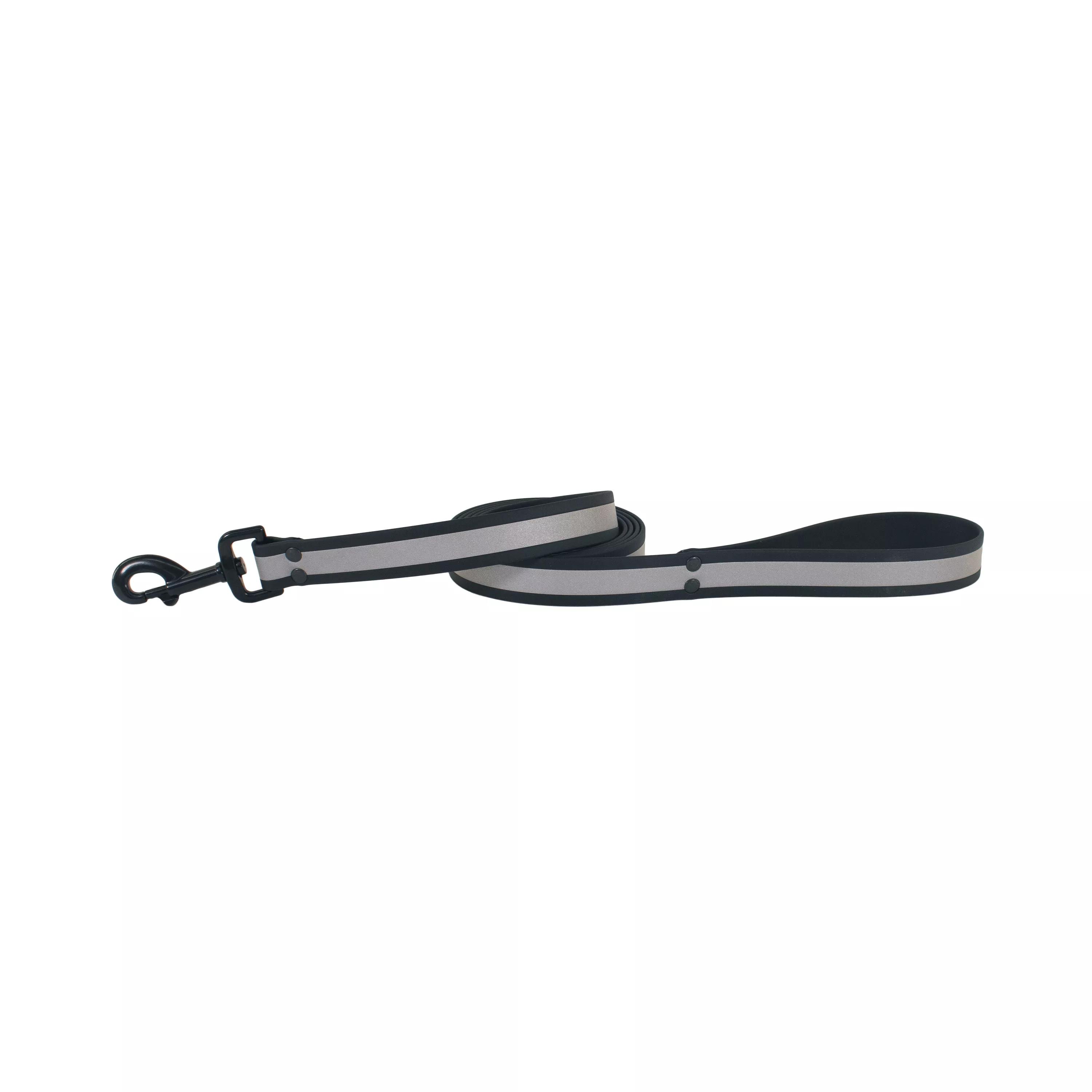 Gray reflective BioThane waterproof leash laid out in a straight line with the black metal swivel snap at one end.