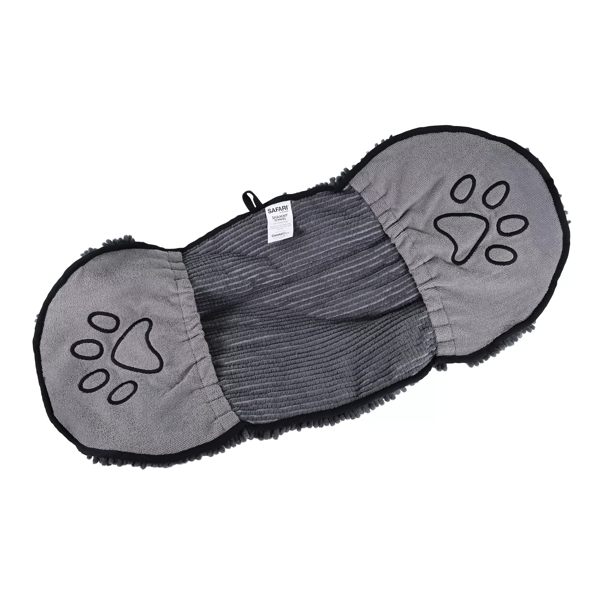 A gray shammy towel designed for drying pets is displayed against a white background. The towel consists of two rounded pocket sections connected by a central fabric panel. Each pocket features an embroidered paw‑print design outlined in black thread. The exterior fabric has a corduroy‑like ribbed texture, while the trim around the edges is black. A small white fabric tag is attached near one seam.