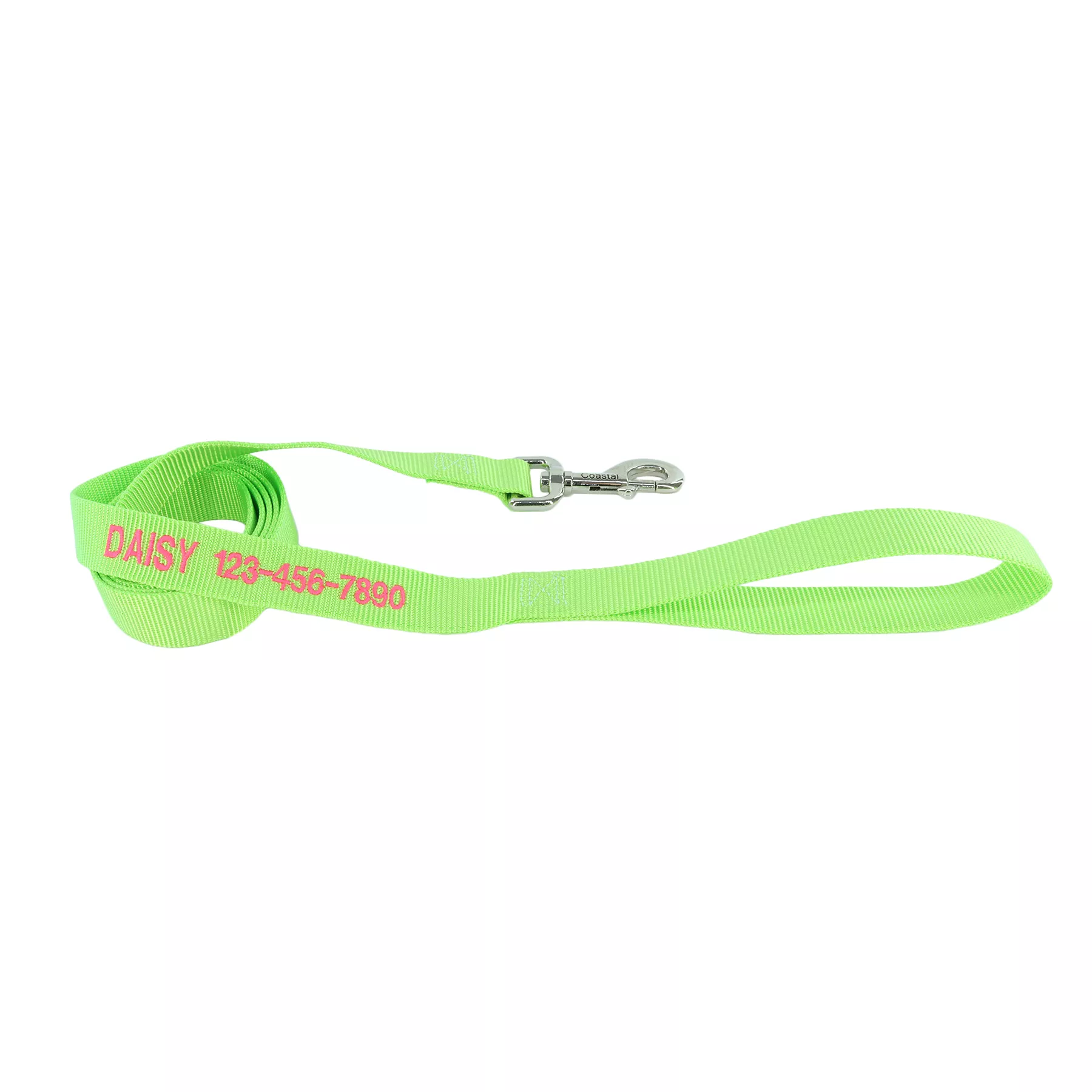 A product‑only image of a lime‑colored single‑ply dog leash displayed against a white background. The leash is made of flat woven nylon with a bright lime‑green color and a ribbed texture. Black printed text on the strap reads: “DAISY 123‑456‑7890.” One end features a looped handle, and the opposite end has a silver‑tone metal swivel bolt‑snap clasp. The leash is laid in gentle curves to show its structure.