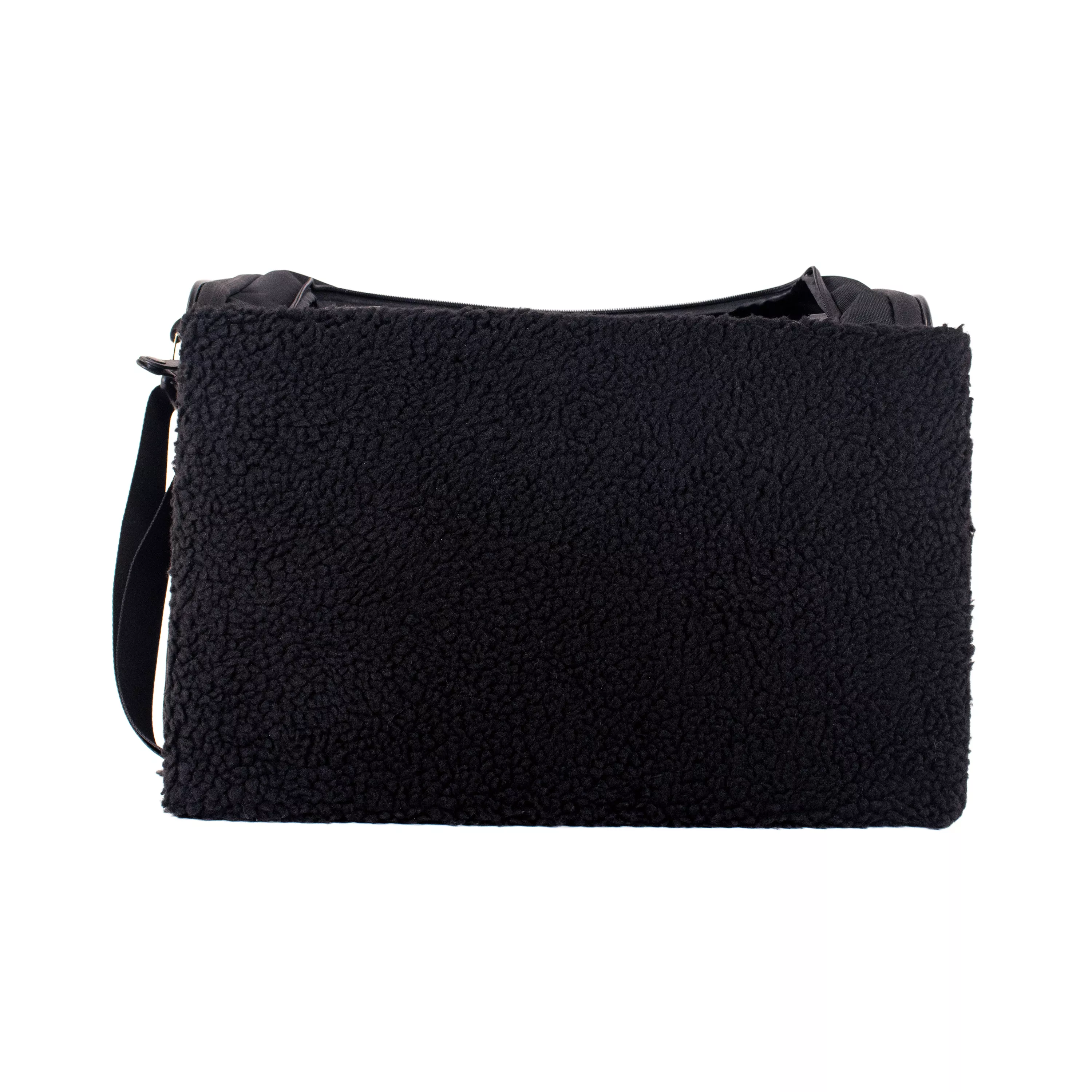 Side view of the tote carrier with the removable fleece pad fully removed and positioned in front of the carrier.