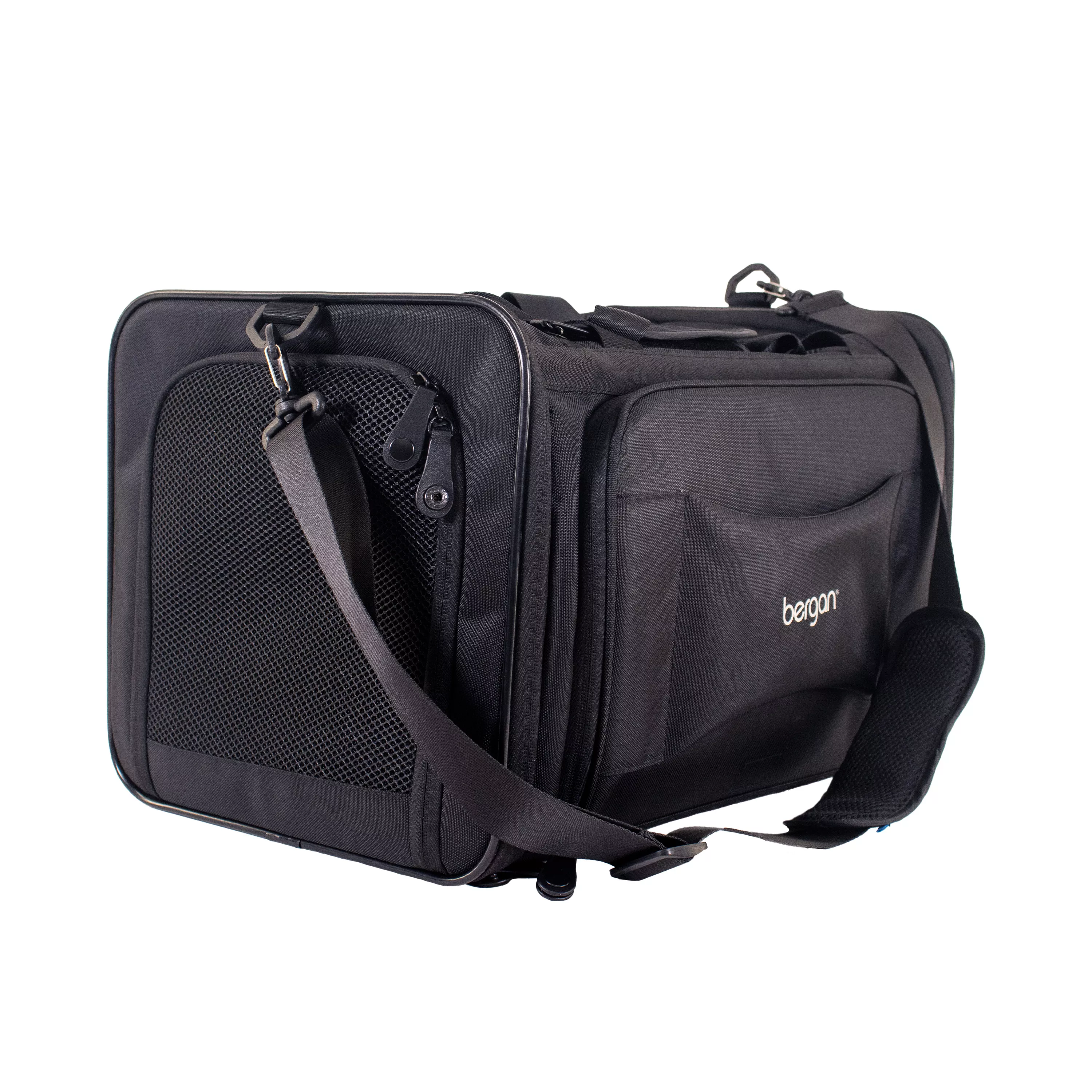 Angled front‑side view of the expandable tote carrier with the padded shoulder strap attached, showing the front pocket, mesh side window, and structured soft‑sided design.