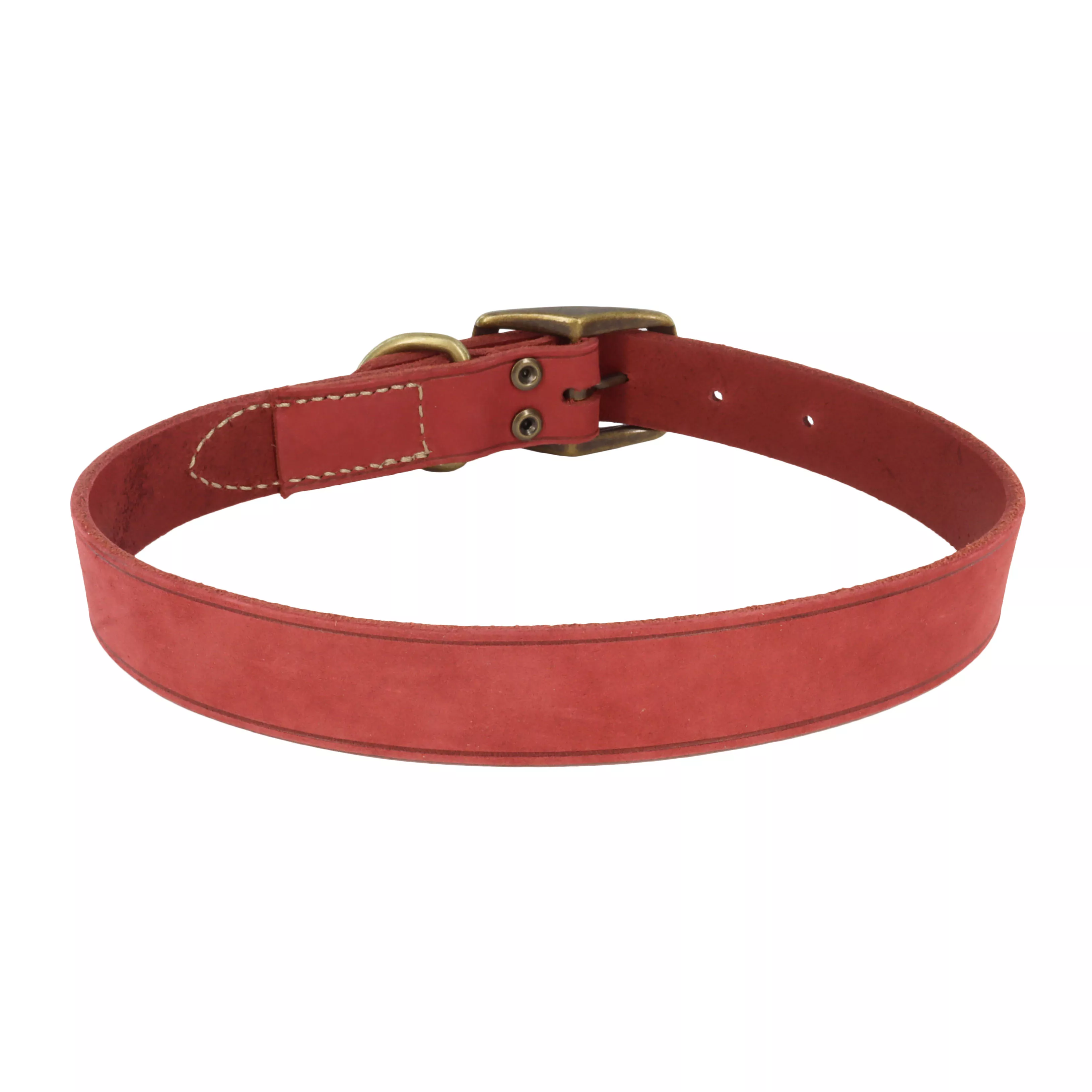 A product‑only image of the Circle T® Rustic Leather Town Dog Collar in Brick Red displays the collar arranged in an oval on a white background. The rounded leather body lies flat, with the buckle area showcasing brass‑colored hardware, matching stitching, and adjustment holes along the strap. The leather has a warm red‑brown hue with natural texture.