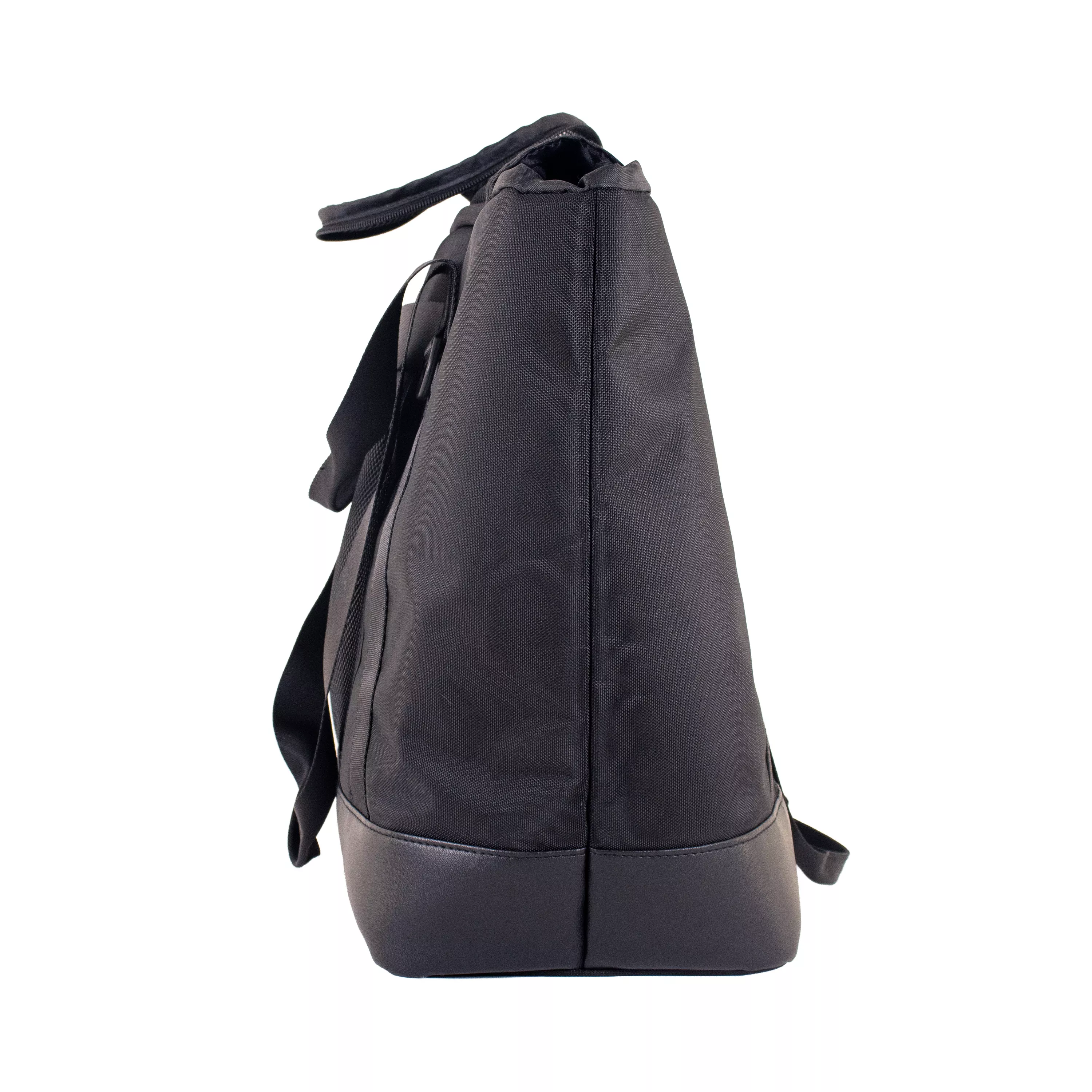 Side view of the tote carrier showing the tall, triangular profile with the shoulder strap hanging along the back edge and the structured base visible.