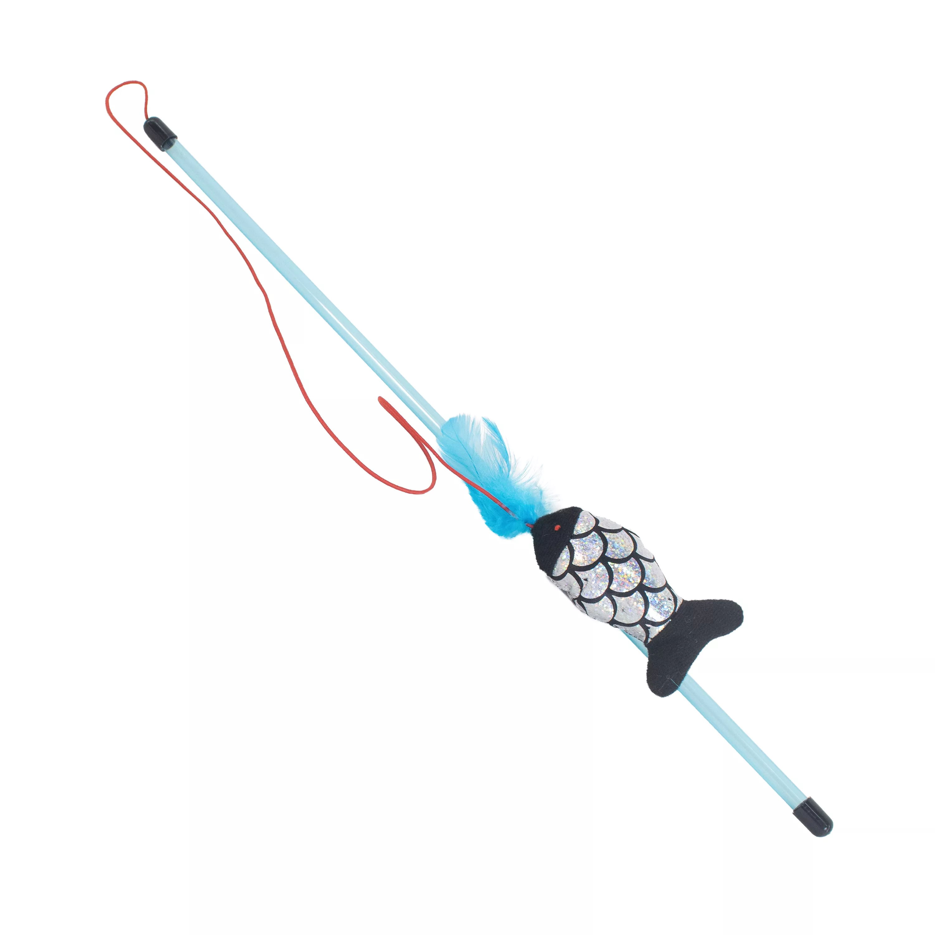 A fishing pole wand cat toy is shown against a plain white background. The blue plastic wand has a black handle and a thin red cord extending from the tip. A small blue and silver plush fish with fin details is attached to the end of the cord.