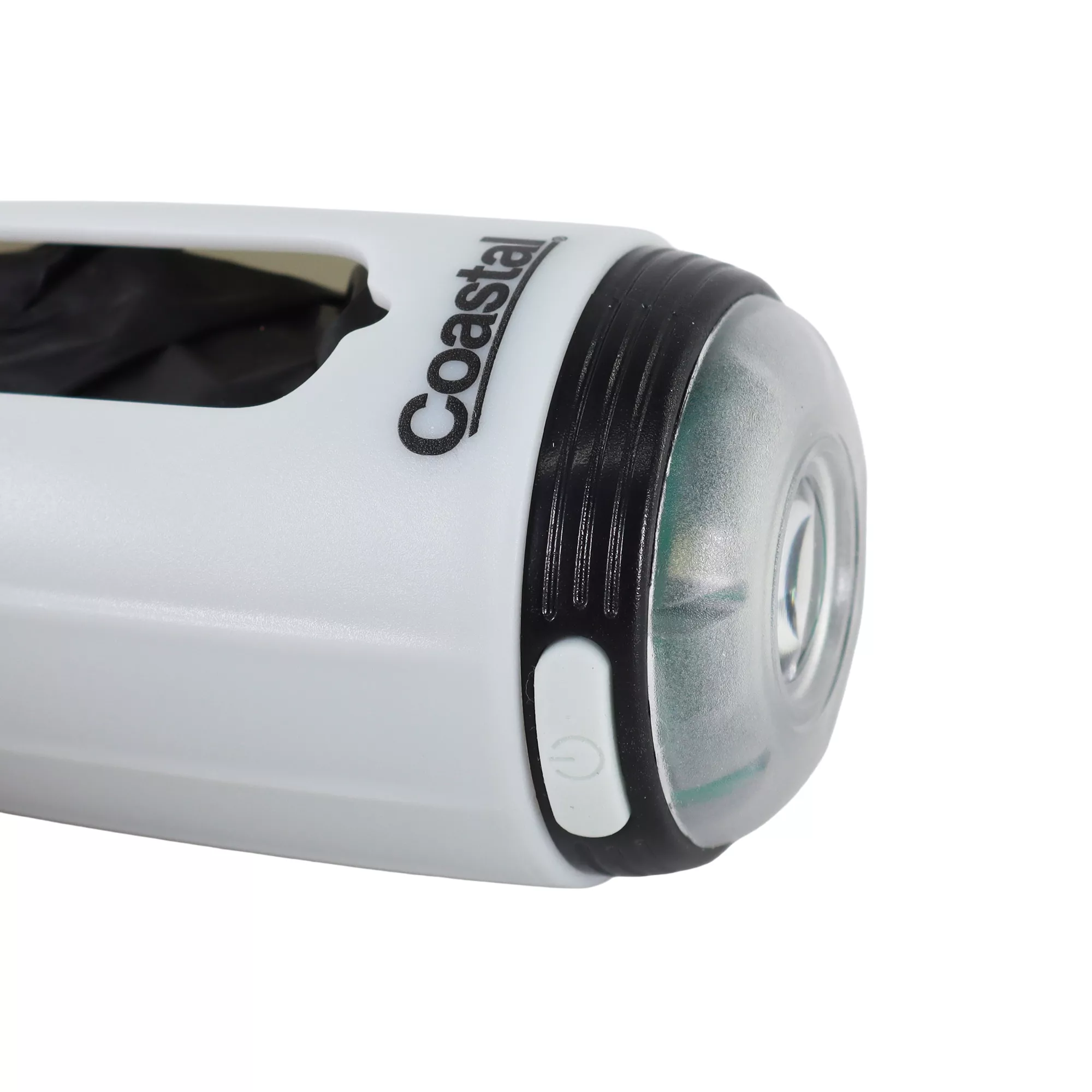 A white cylindrical waste bag dispenser is shown close up on a white background. The dispenser has a clear front lens covering a built‑in light.