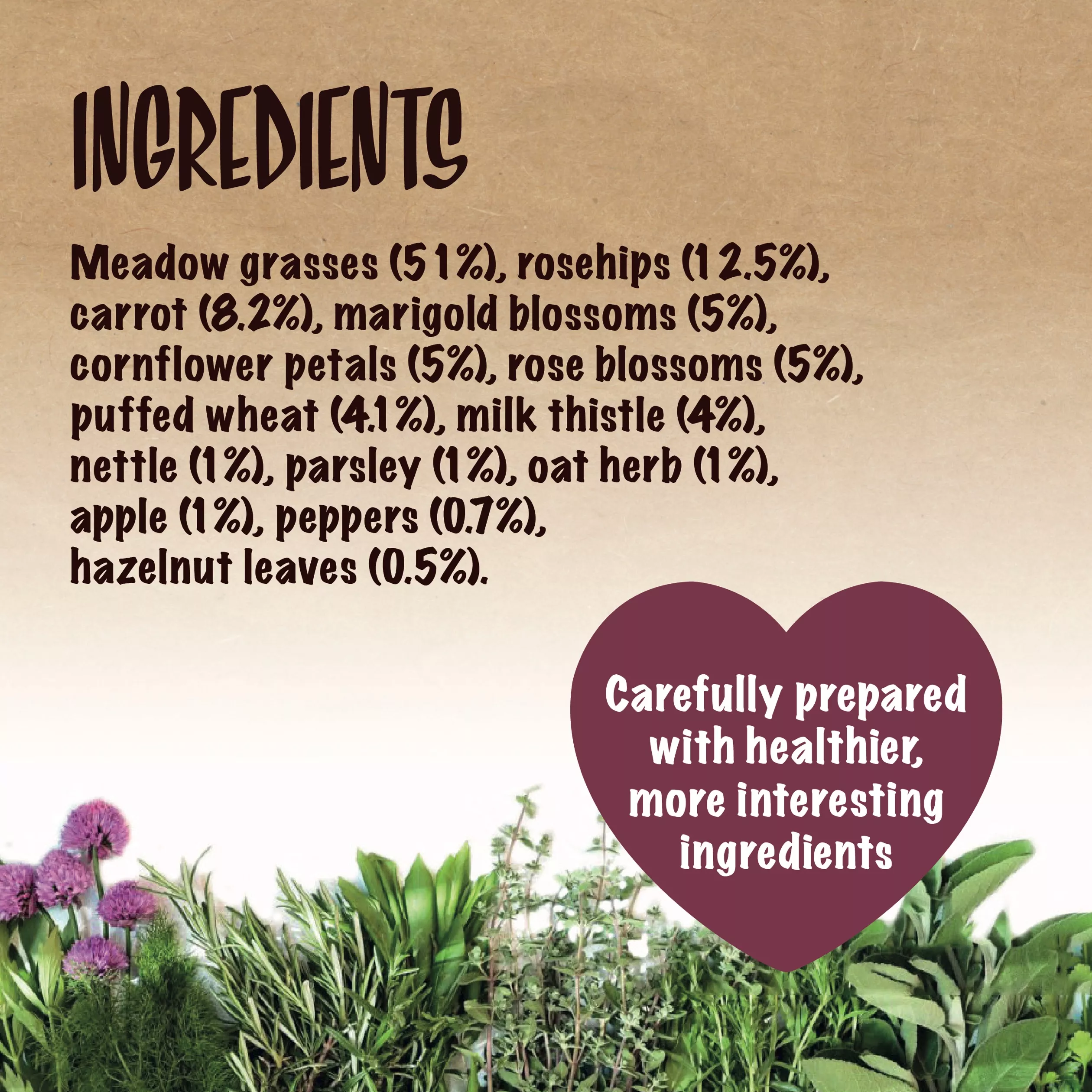 Ingredient panel listing meadow grasses (51%), rosehips (12.5%), carrot (8.2%), marigold blossoms (5%), cornflower petals (5%), rose blossoms (5%), puffed wheat (4.1%), milk thistle (4%), nettle (1%), parsley (1%), oat herb (1%), apple (1%), peppers (0.7%), and hazelnut leaves (0.5%). Text in a heart-shaped graphic reads: “Carefully prepared with healthier, more interesting ingredients.” Illustrations of herbs and plants appear along the bottom of the image.