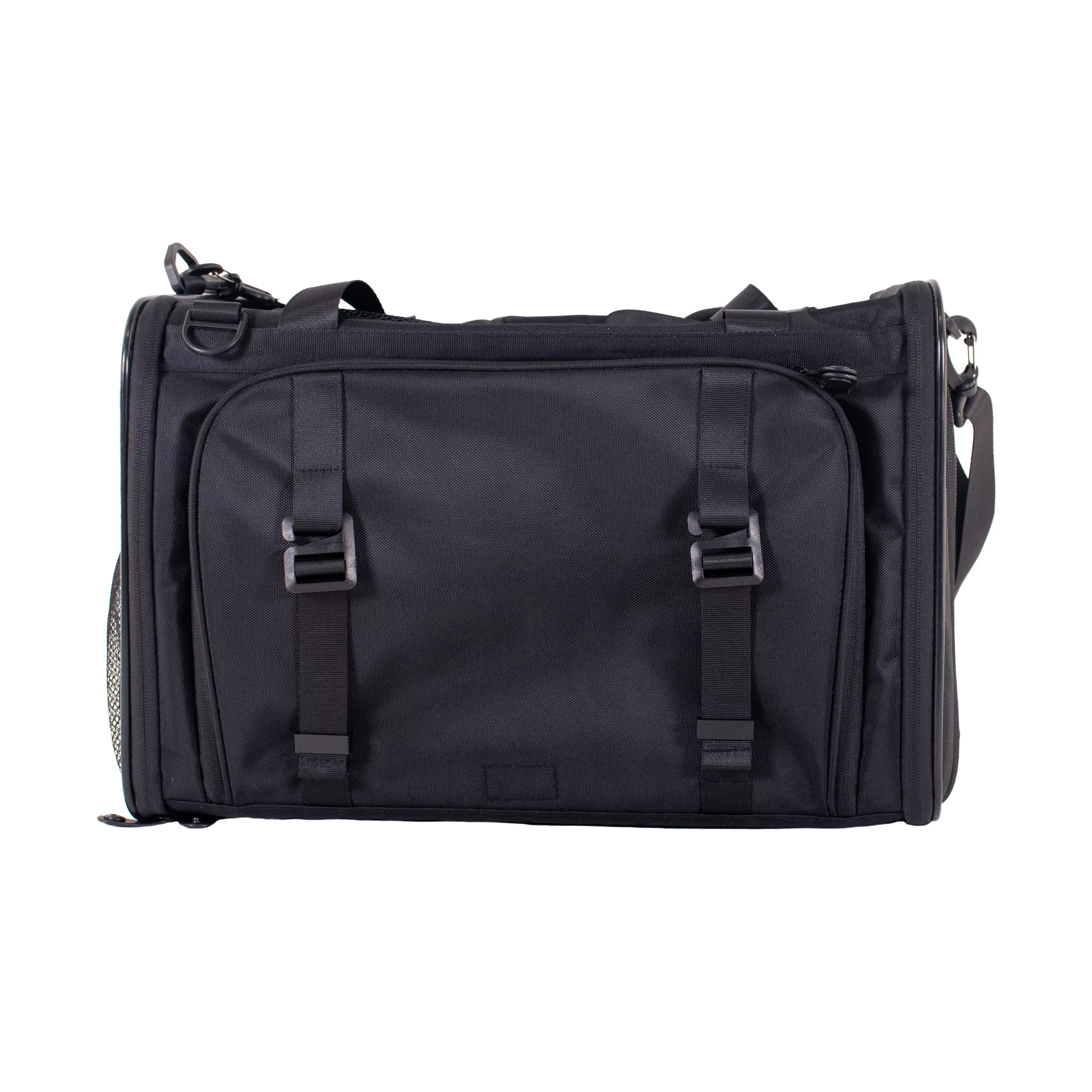 Close‑up of the zipper pull and mesh ventilation panel on the side of the tote, showing texture and hardware details.