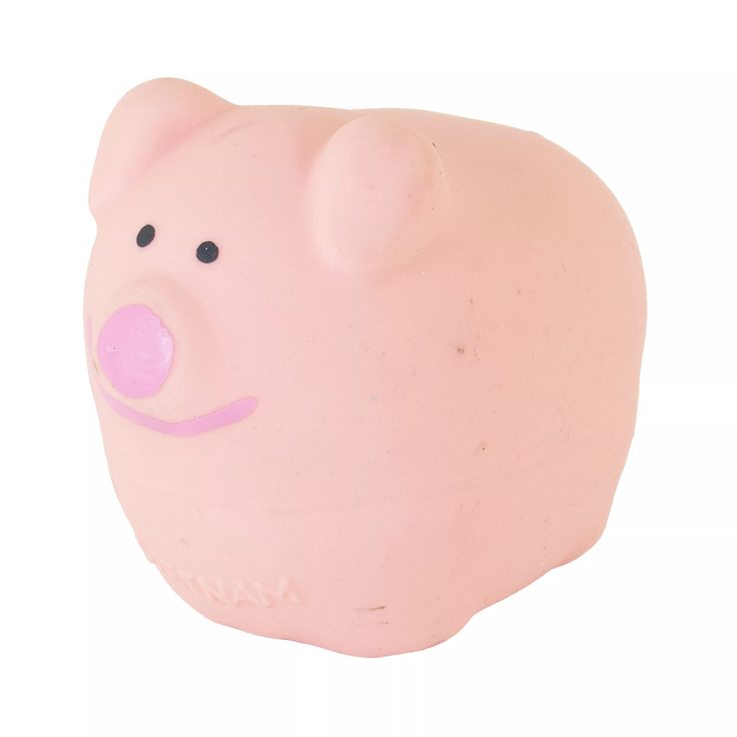 Product image of the Li'l Pals 3-inch Latex Pig Dog Toy displayed on a white background. The toy is shaped like a rounded pink pig with a bright red snout,  molded ears, and a tiny curled tail on the back. The pig has simple black dot eyes and a red curved smile, giving it a friendly cartoon-like expression. The smooth latex surface and compact size are clearly visible, making the toy suitable for  dogs.