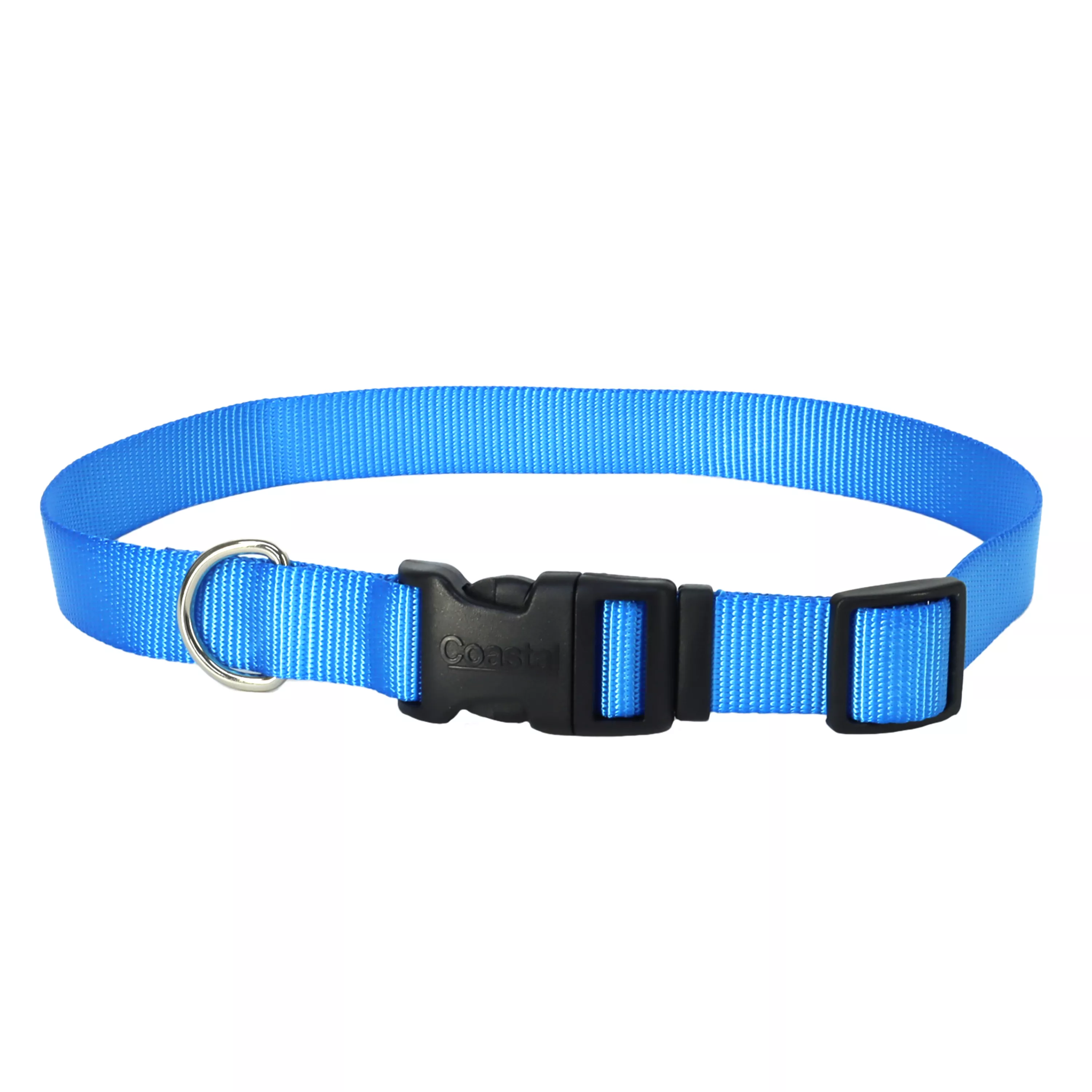 A product‑only image of a light blue adjustable dog collar on a white background. The collar features a woven nylon strap with a ribbed texture. A black plastic side‑release buckle sits at the center, and a matching black plastic adjustment slider is positioned along the strap. A silver‑tone metal D‑ring is attached next to the buckle with reinforced stitching at the strap loop.