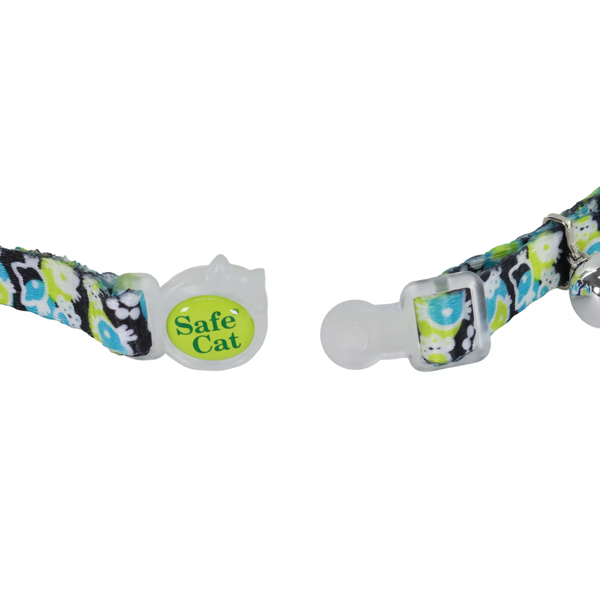 Green, yellow, and blue geometric patterned cat collar with a white plastic breakaway buckle and a silver bell.