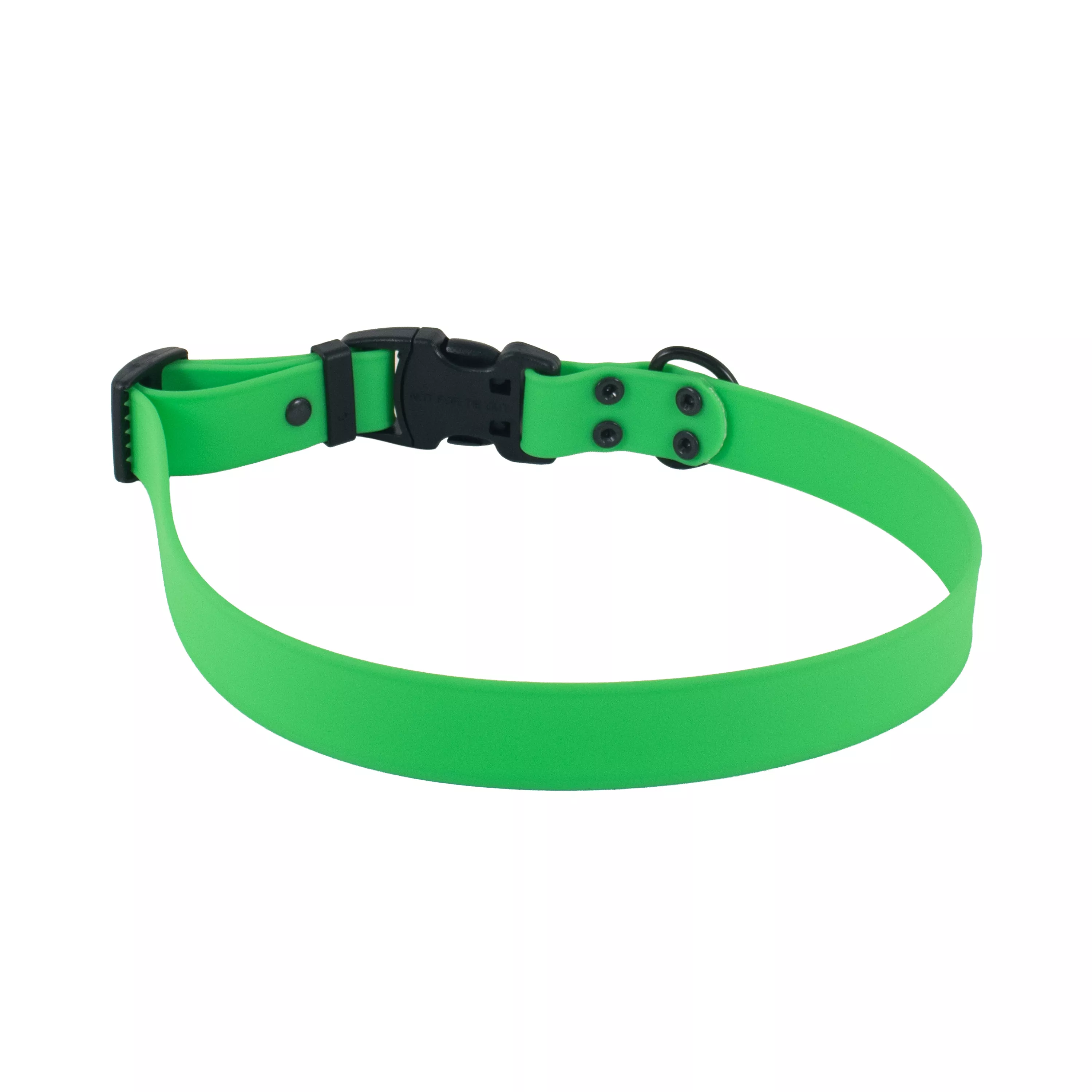 Bright green BioThane waterproof dog collar shown in a circular shape with a black plastic buckle and black metal rivets.