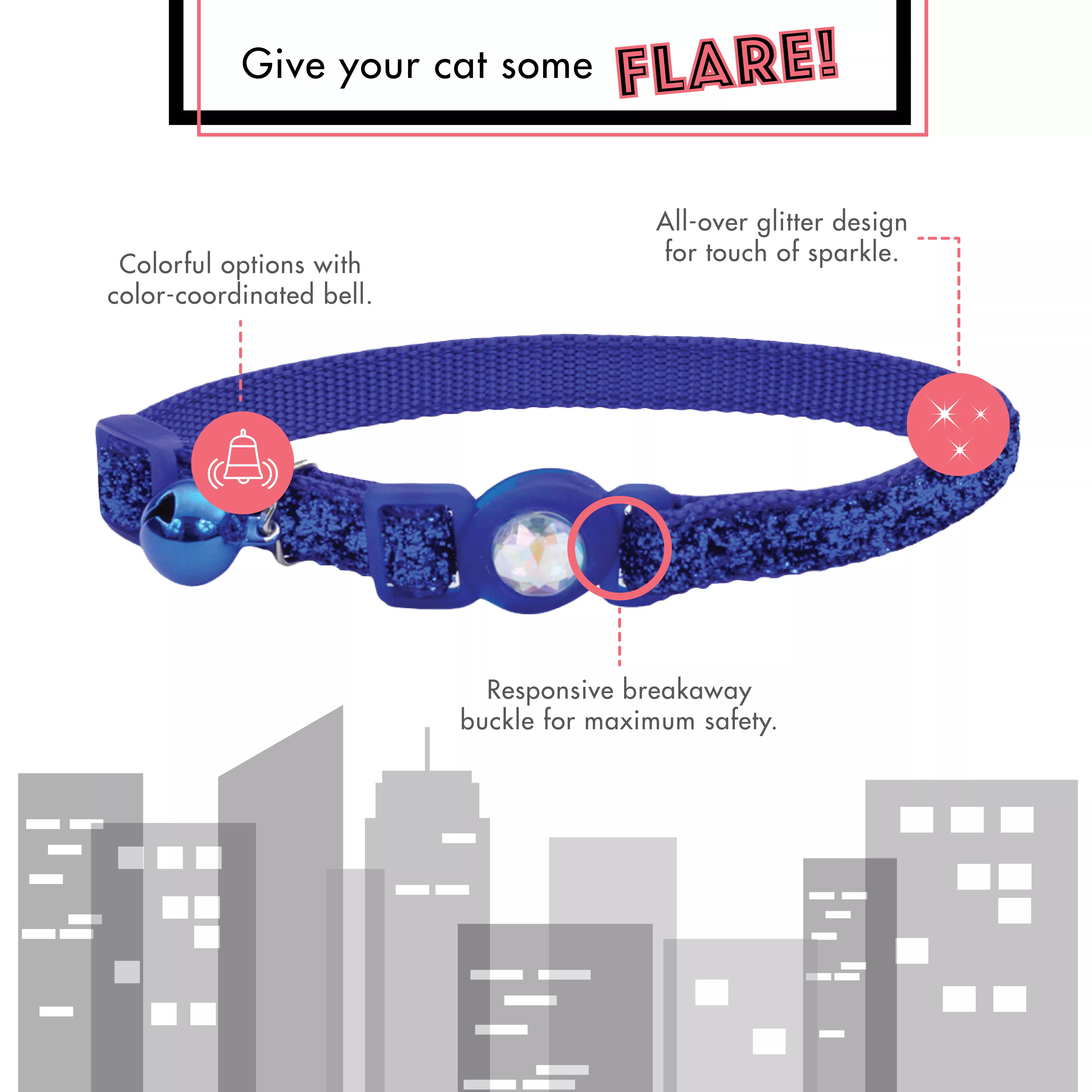 Safe Cat® Jeweled Buckle Adjustable Breakaway Cat Collar with Glitter Overlay