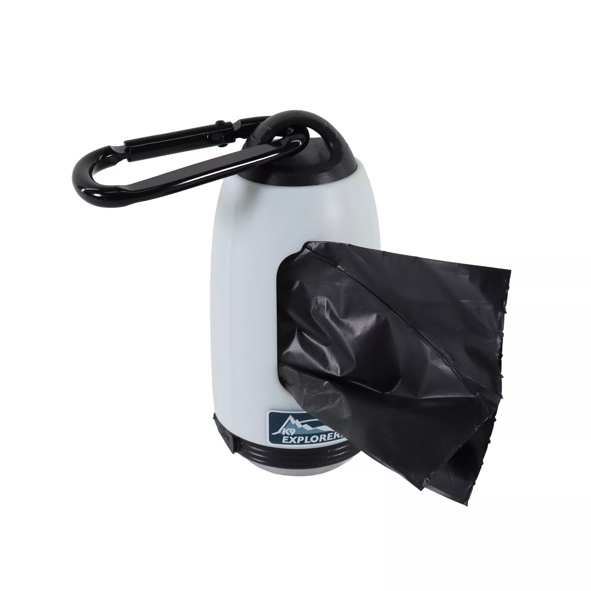 A white cylindrical waste bag dispenser is shown against a white background with a partially pulled waste bag emerging from the black oval opening. The dispenser includes a black top hook and a clear light lens at the opposite end.
