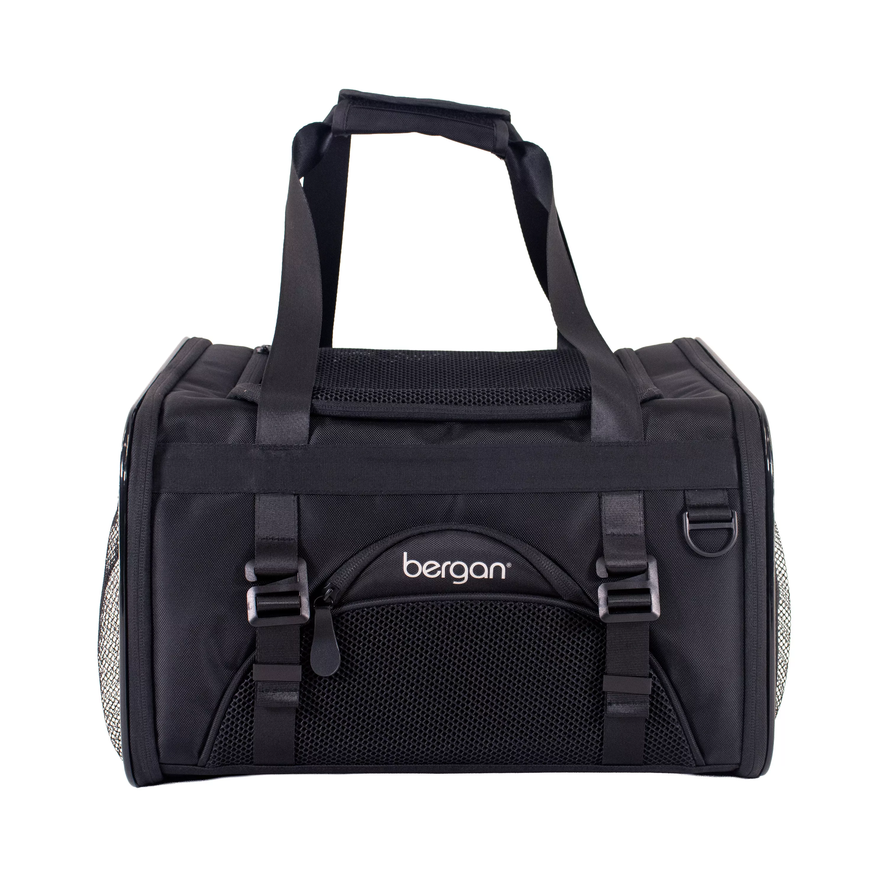 Angled view of the pet carrier showing the front mesh panel, zippered pockets, and soft‑sided structure.