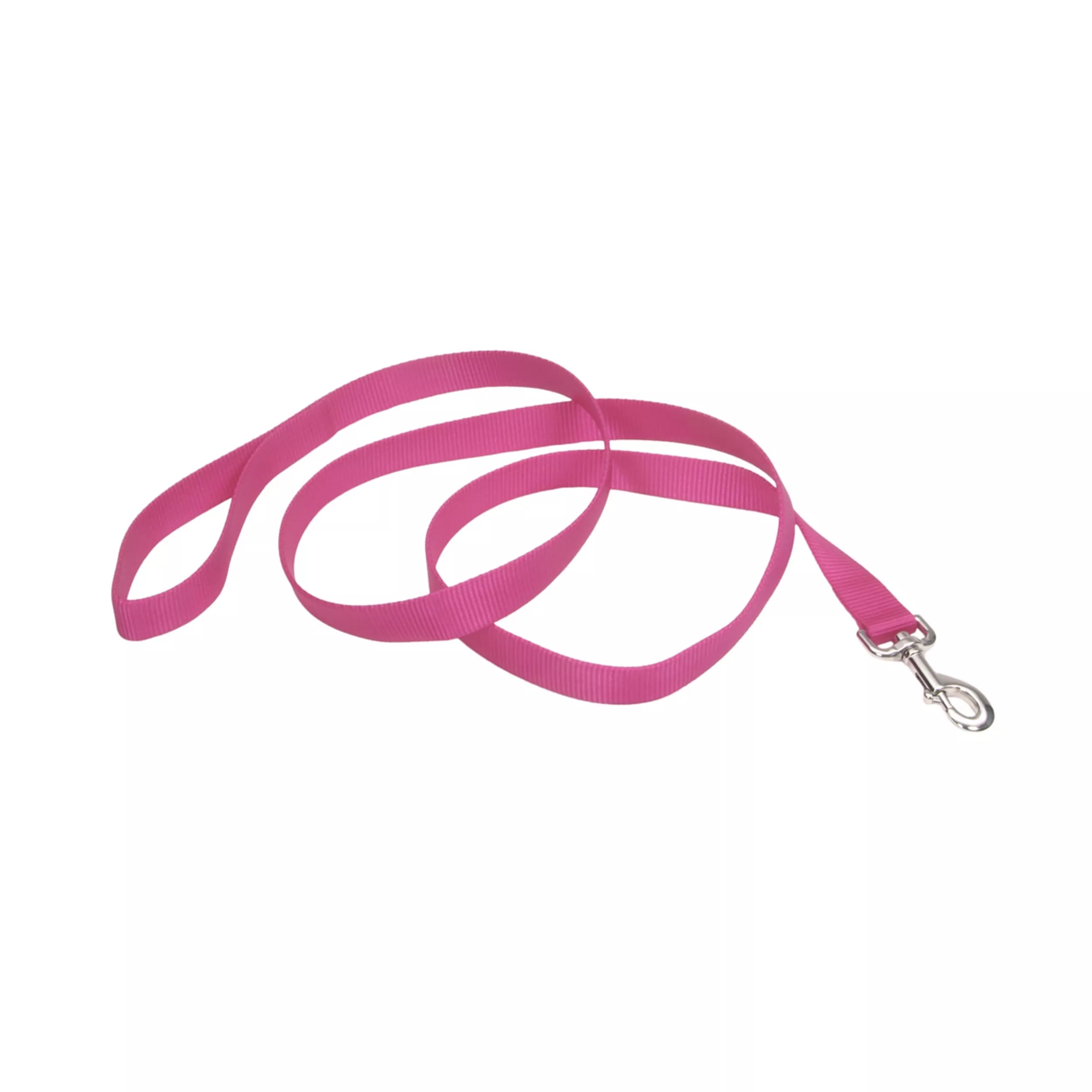 A product‑only image of a neon pink single‑ply dog leash displayed against a white background. The leash is made of woven nylon with a ribbed texture and a bright pink. One end contains a looped handle, and the opposite end features a silver‑tone metal swivel bolt‑snap clasp attached with a folded stitched section. The leash is coiled to show its length and material.