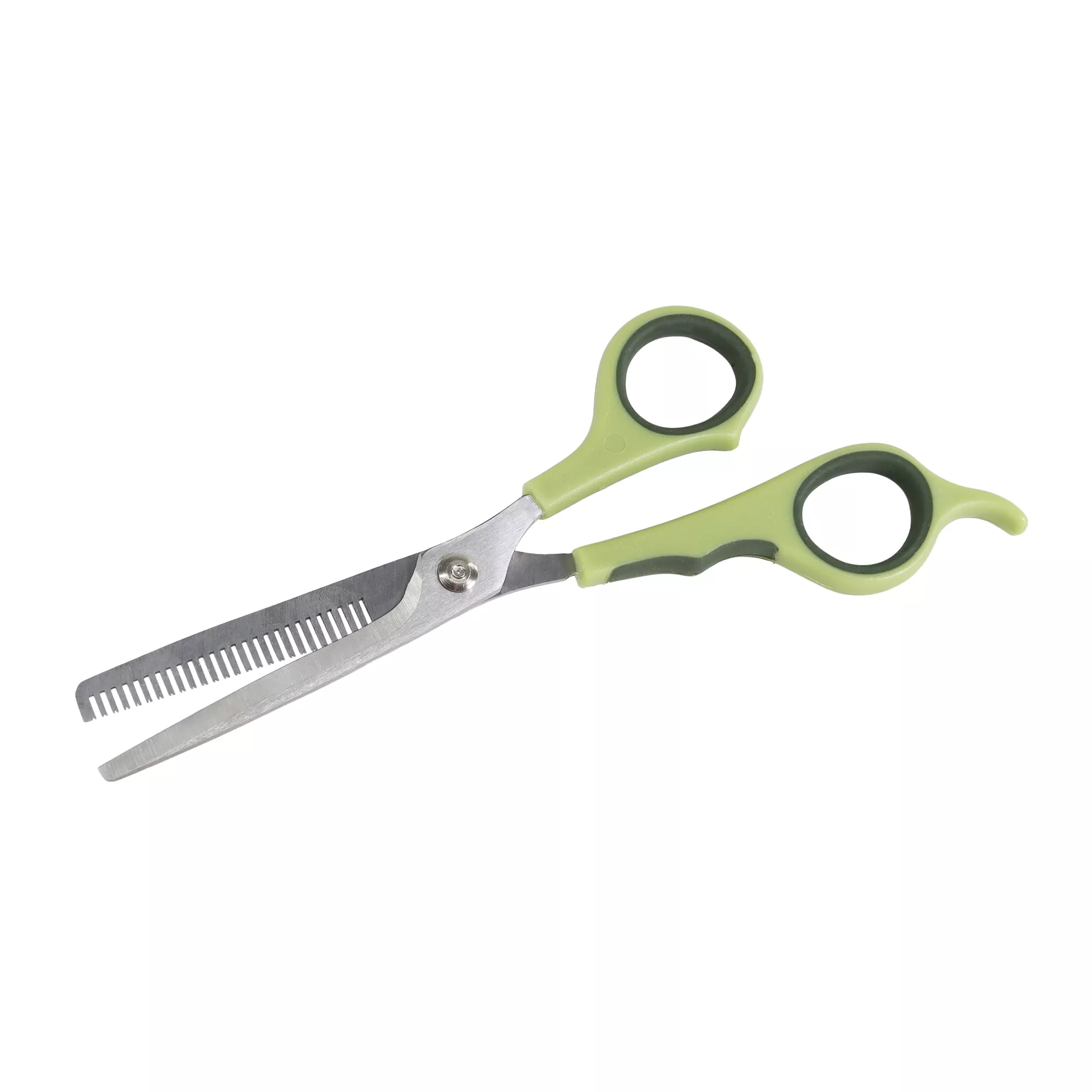 Thinning shears displayed on a white background. The shears have silver metal blades with one straight blade and one toothed blade, and light green soft‑grip handles with rounded finger holes.