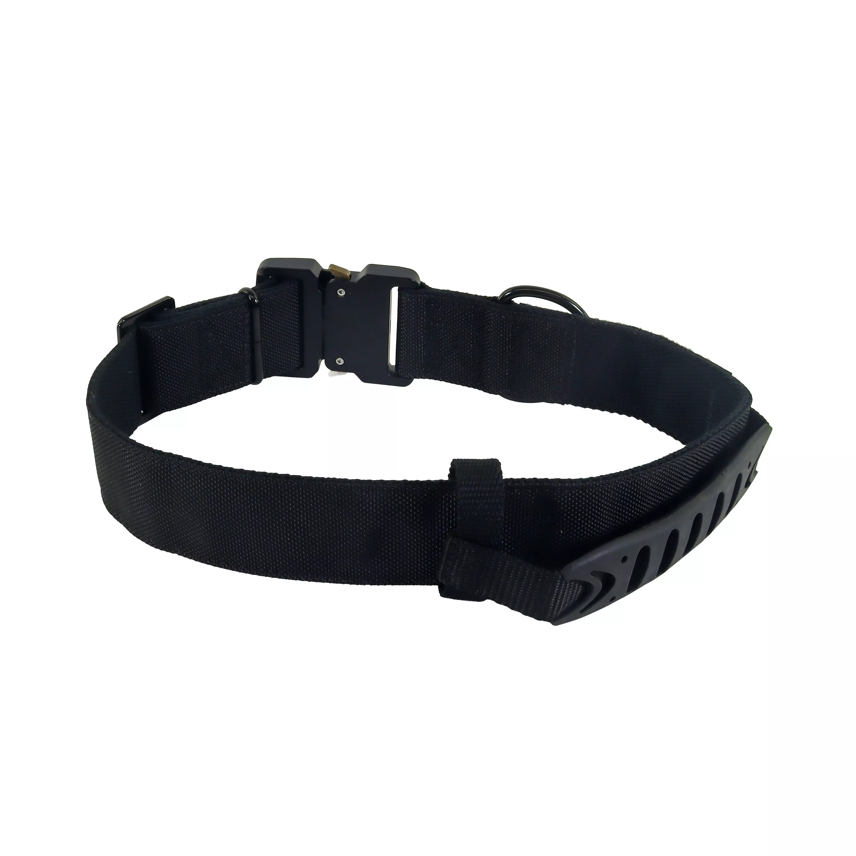 Black dog collar shown from an angled top view with buckle, handle, and adjustment hardware visible.