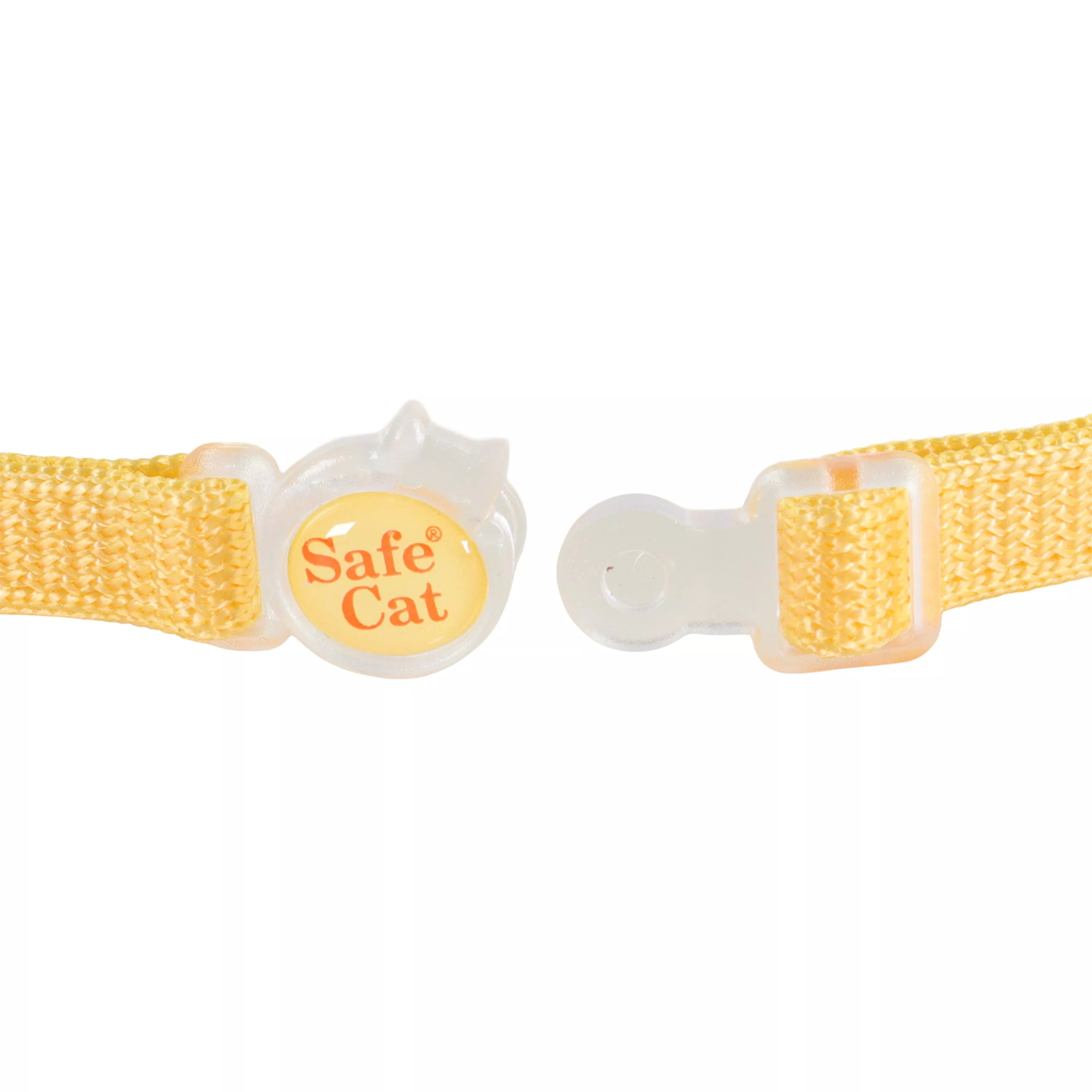 Close-up of a yellow cat collar showing a clear plastic breakaway buckle with a round center piece and woven strap ends, on a white background.