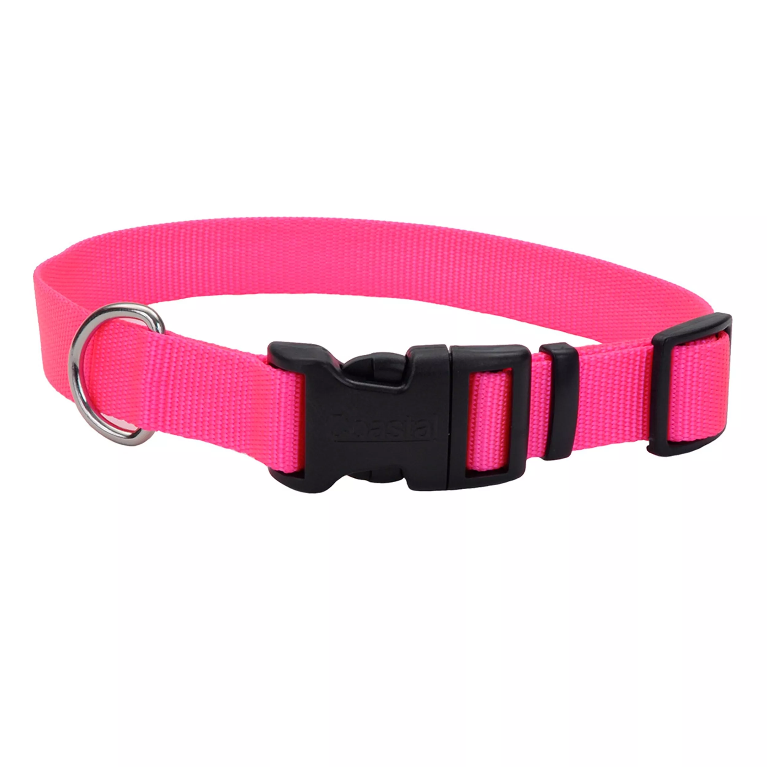 A product‑only image of a neon pink adjustable dog collar on a white background. The collar features a woven nylon strap with a ribbed texture. A black plastic side‑release buckle sits at the center, and a matching black plastic adjustment slider is positioned along the strap. A silver‑tone metal D‑ring is attached next to the buckle with reinforced stitching at the strap loop.