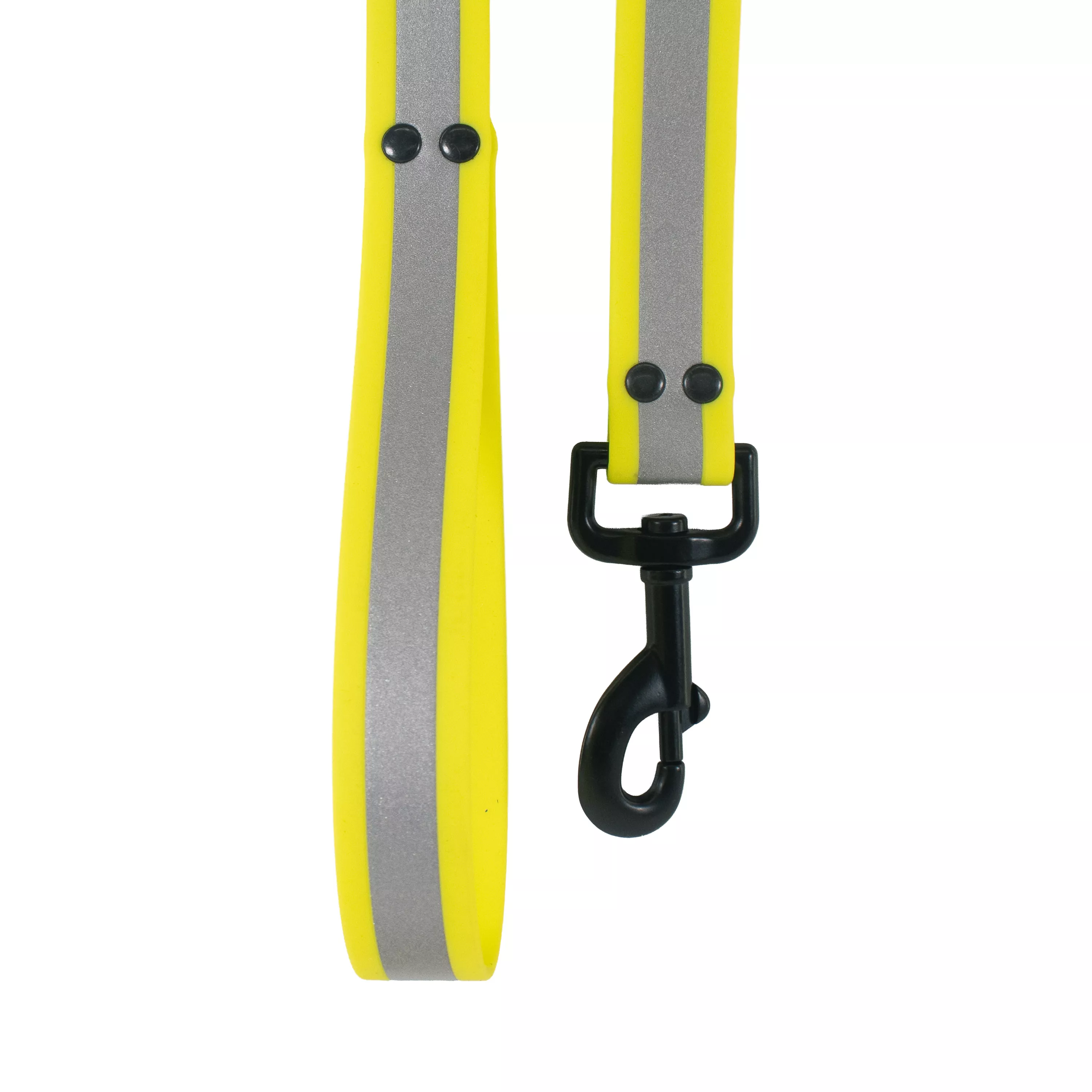 Yellow reflective BioThane waterproof leash with a reflective center strip, shown from a slightly different angle with the black metal snap and rivets visible.