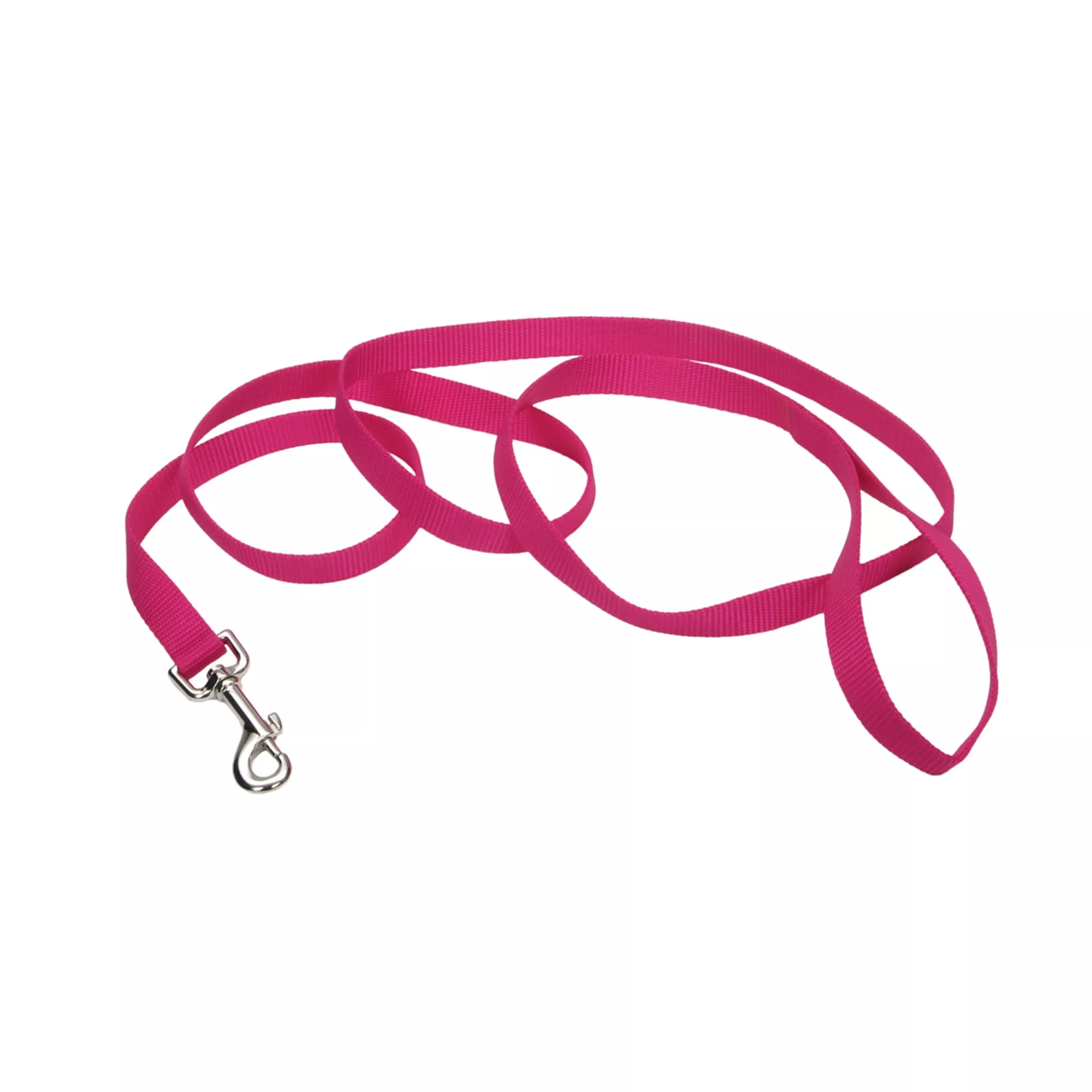 A product‑only image of a pink flamingo single‑ply dog leash displayed against a white background. The leash is made of woven nylon with a ribbed texture and a reddish pink. One end contains a looped handle, and the opposite end features a silver‑tone metal swivel bolt‑snap clasp attached with a folded stitched section. The leash is coiled to show its length and material.